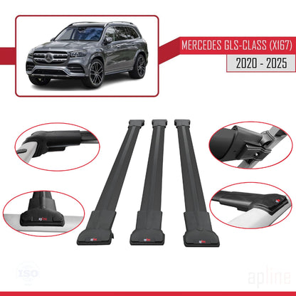 Compatible avec Mercedes Classe GLS (X167) 2020-2025 FLY Model Barres de Toit Railing Porte-Bagages de Voiture Noir Aluminium 3 Barres