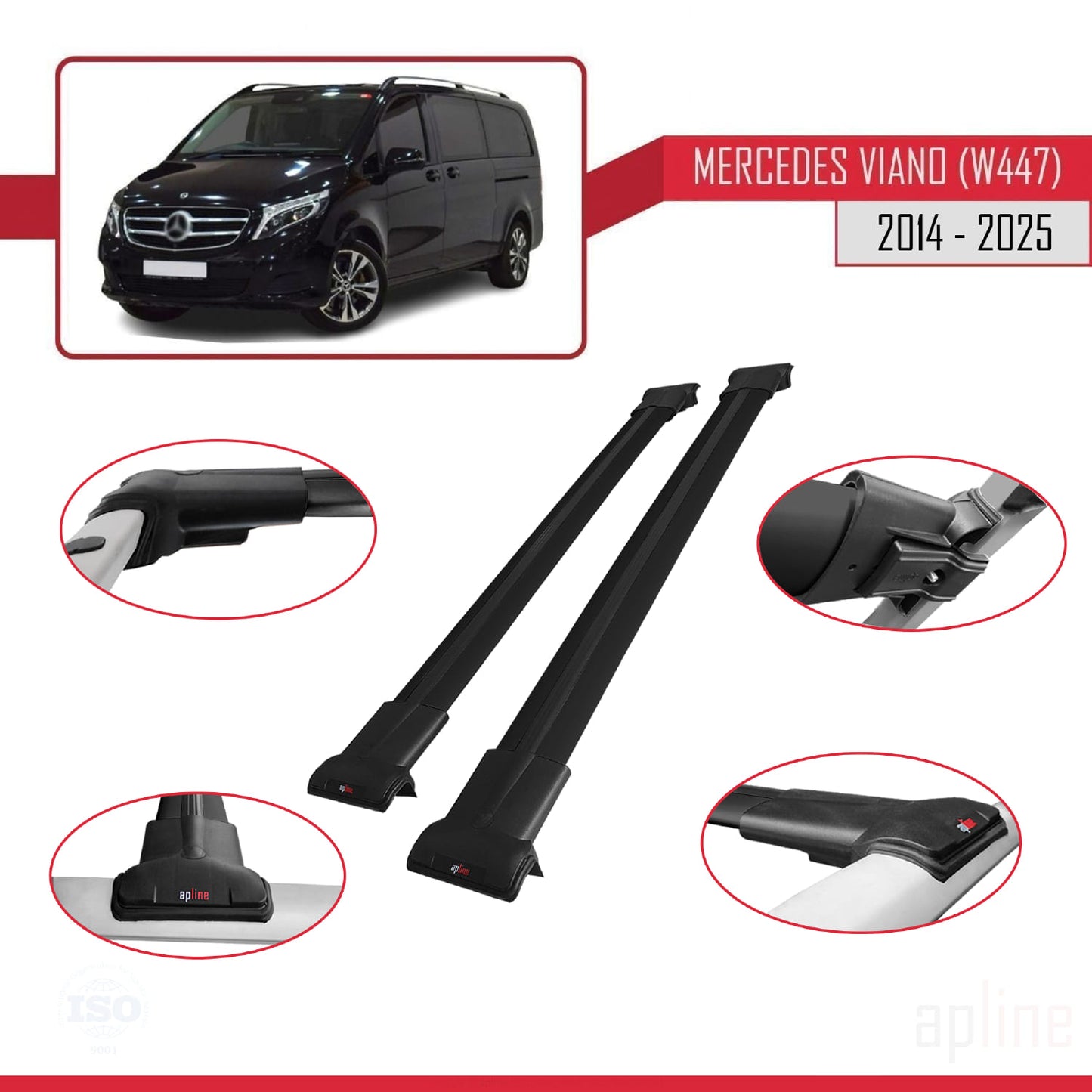 Compatible with Mercedes Viano 3 (W447) 2014-2025 FLY Model Car Roof Rack Cross Bar Black Aluminium 2 Bars