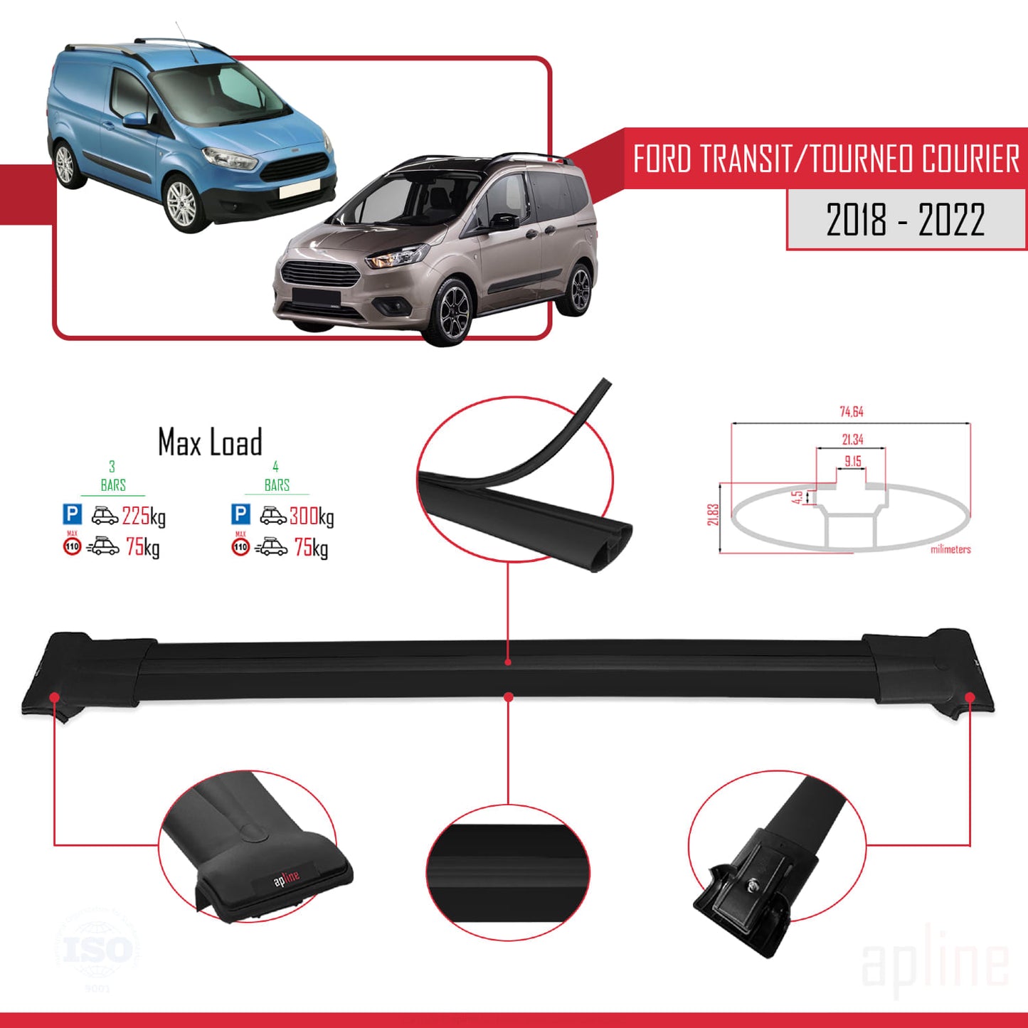 Compatible avec Ford Transit/Tourneo Courier Post-Facelift 2018-2022 FLY Model Barres de Toit Railing Porte-Bagages de Voiture Noir Aluminium 3 Barres