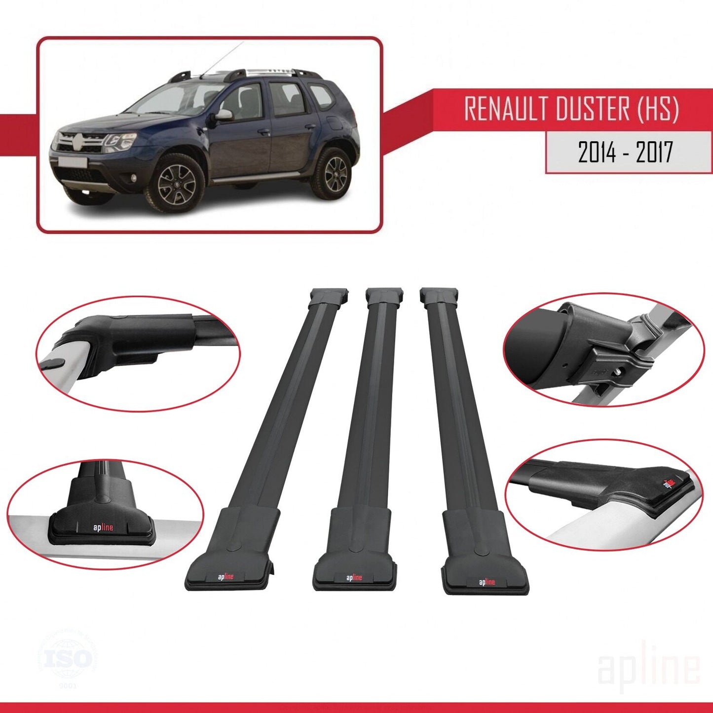 Compatible avec Renault Duster (HS) Post-Facelift 2014-2017 FLY Model Barres de Toit Railing Porte-Bagages de Voiture Noir Aluminium 3 Barres