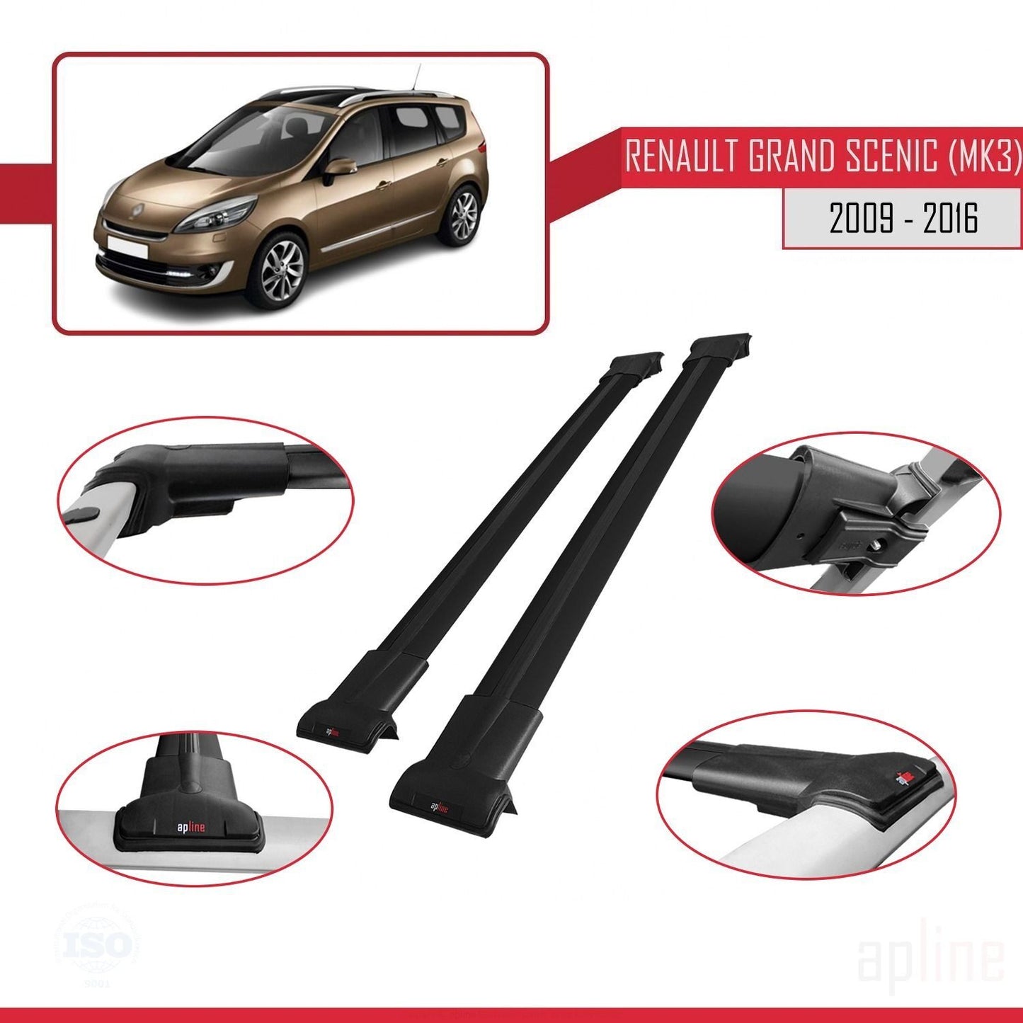 Compatible avec Renault Grand Scenic 3 2009-2016 FLY Model Barres de Toit Railing Porte-Bagages de Voiture Noir Aluminium 2 Barres