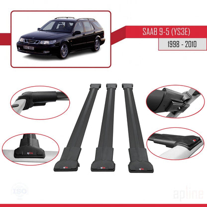 Compatible avec Saab 9-5 (YS3E) Break 1998-2010 FLY Model Barres de Toit Railing Porte-Bagages de Voiture Noir Aluminium 3 Barres