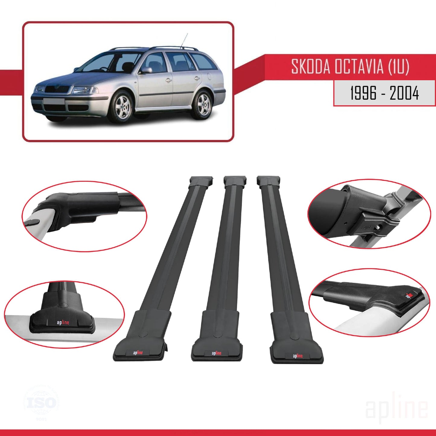 Compatible avec Skoda Octavia (1U) 1996-2004 FLY Model Barres de Toit Railing Porte-Bagages de Voiture Noir Aluminium 3 Barres