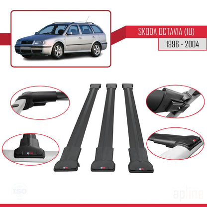 Compatible avec Skoda Octavia (1U) 1996-2004 FLY Model Barres de Toit Railing Porte-Bagages de Voiture Noir Aluminium 3 Barres