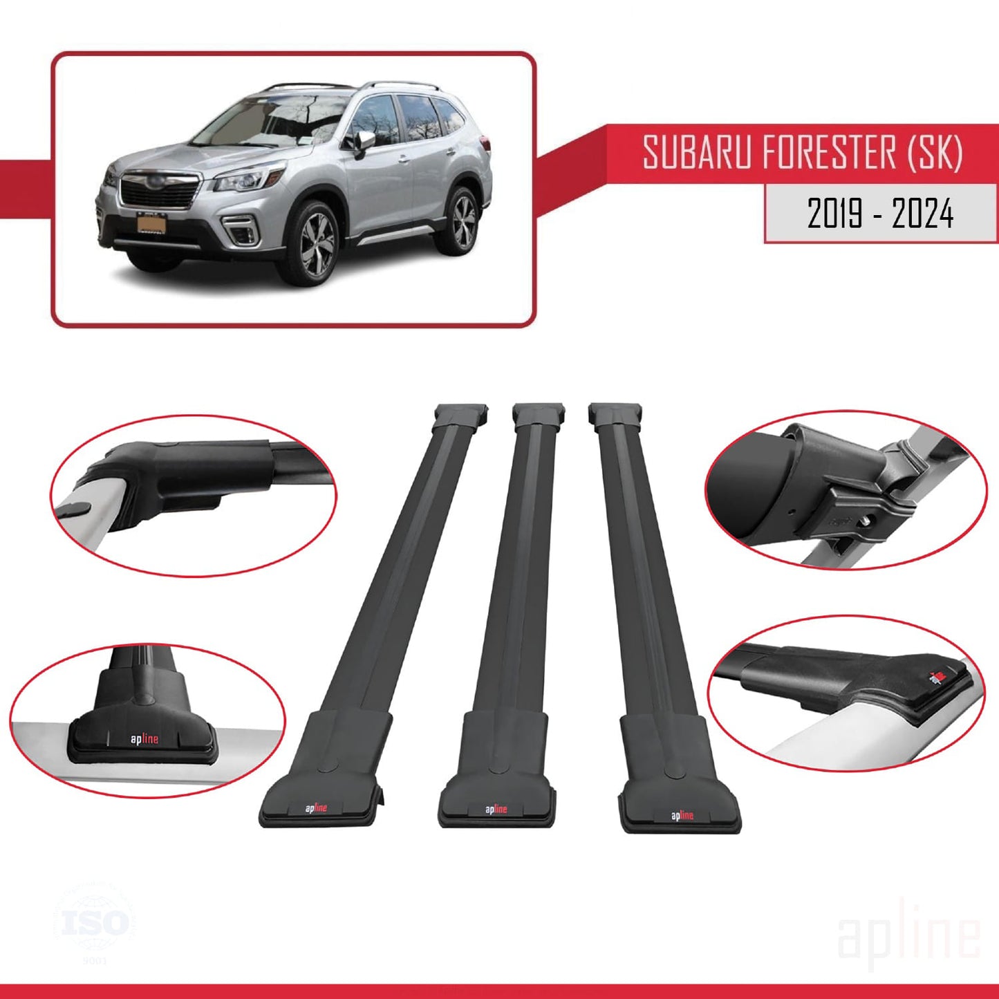 Compatible avec Subaru Forester 5 (SK) 2019-2024 FLY Model Barres de Toit Railing Porte-Bagages de Voiture Noir Aluminium 3 Barres
