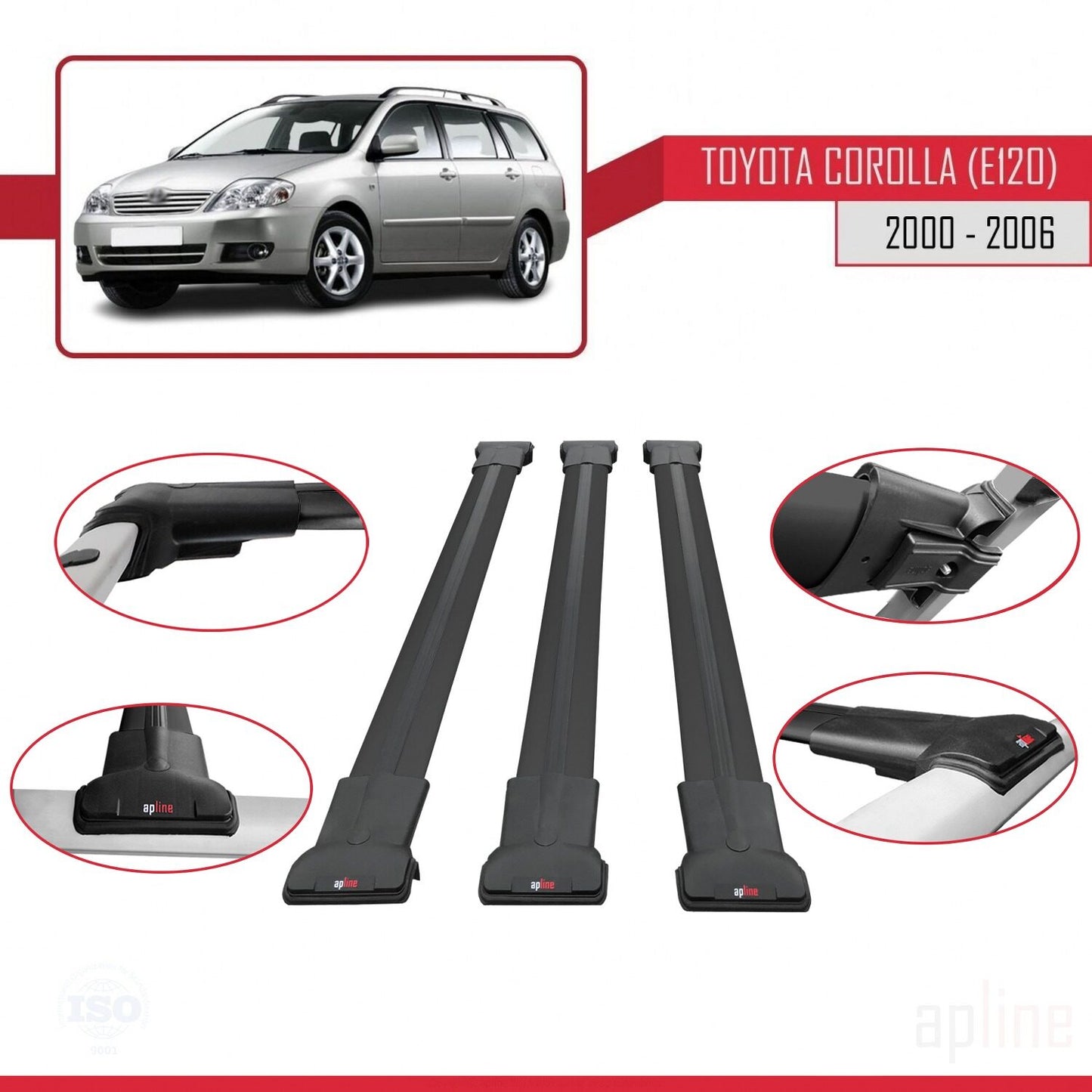 Compatible avec Toyota Corolla 9 (E120) Break 2000-2006 FLY Model Barres de Toit Railing Porte-Bagages de Voiture Noir Aluminium 3 Barres