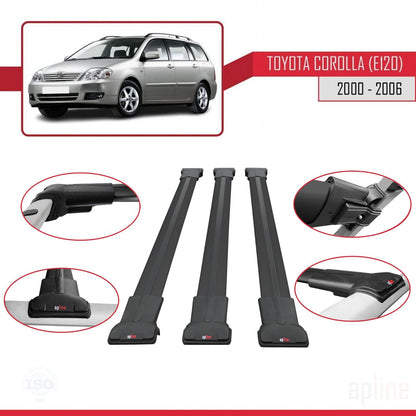 Compatible avec Toyota Corolla 9 (E120) Break 2000-2006 FLY Model Barres de Toit Railing Porte-Bagages de Voiture Noir Aluminium 3 Barres