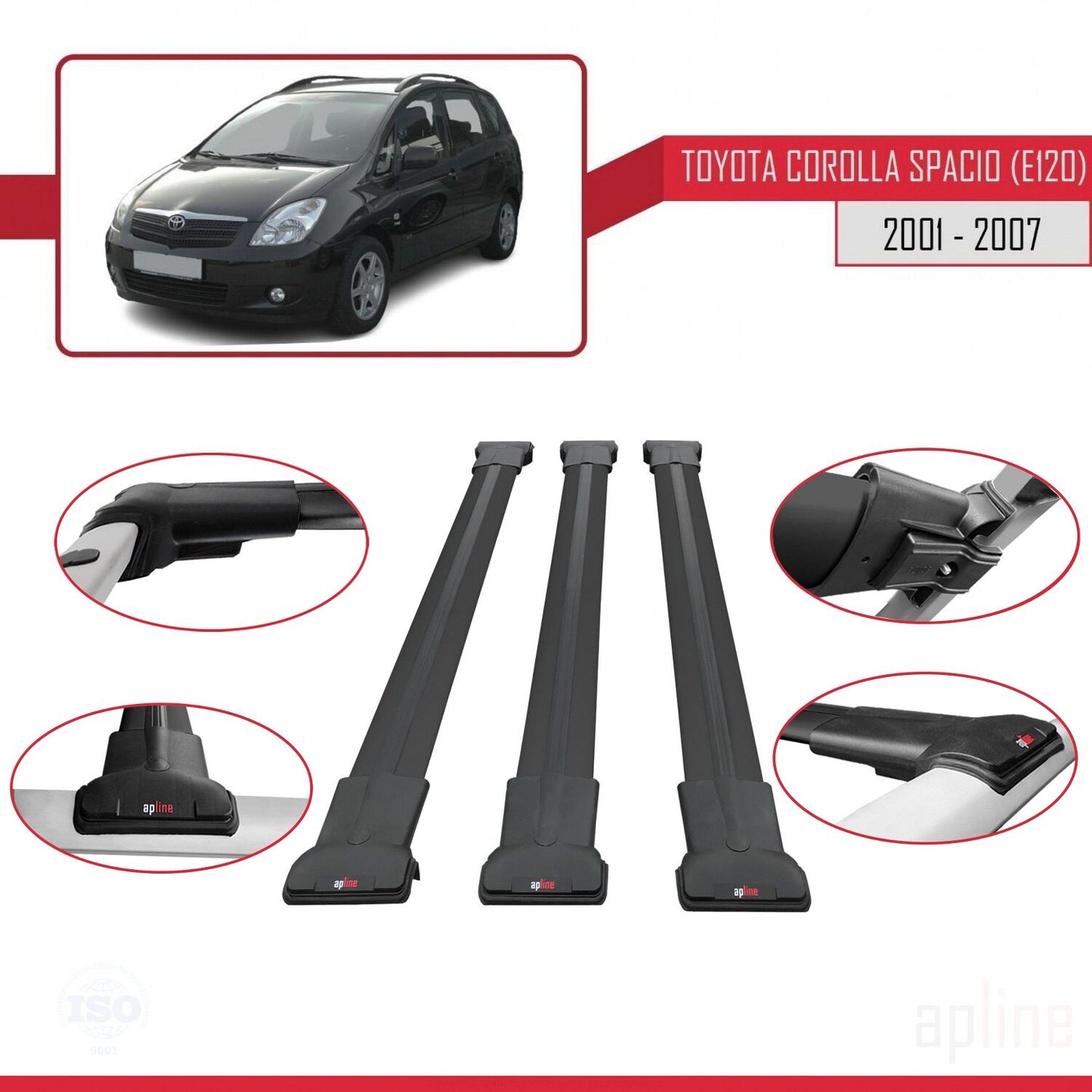 Compatible avec Toyota Corolla Spacio 2 (E120) 2001-2007 FLY Model Barres de Toit Railing Porte-Bagages de Voiture Noir Aluminium 3 Barres