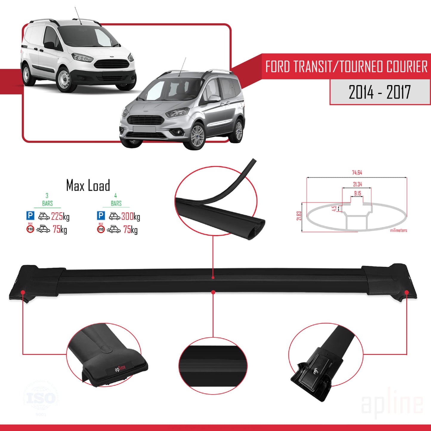 Compatible with Ford Transit/Tourneo Courier Pre-Facelift 2014-2017 FLY Model Car Roof Rack Cross Bar Black Aluminium 3 Bars