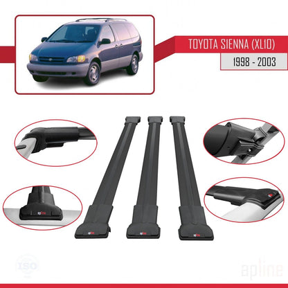 Compatible avec Toyota Sienna (XL10) 1998-2003 FLY Model Barres de Toit Railing Porte-Bagages de Voiture Noir Aluminium 3 Barres
