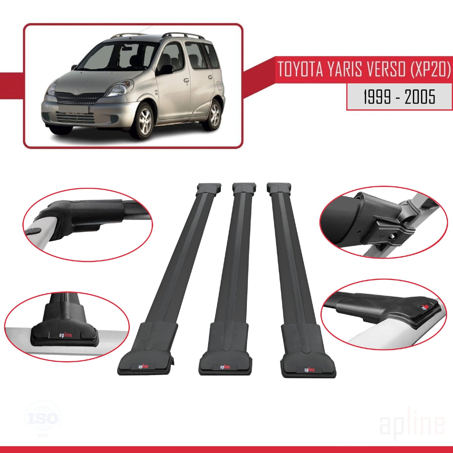 Compatible avec Toyota Yaris Verso (XP20) 1999-2005 FLY Model Barres de Toit Railing Porte-Bagages de Voiture Noir Aluminium 3 Barres