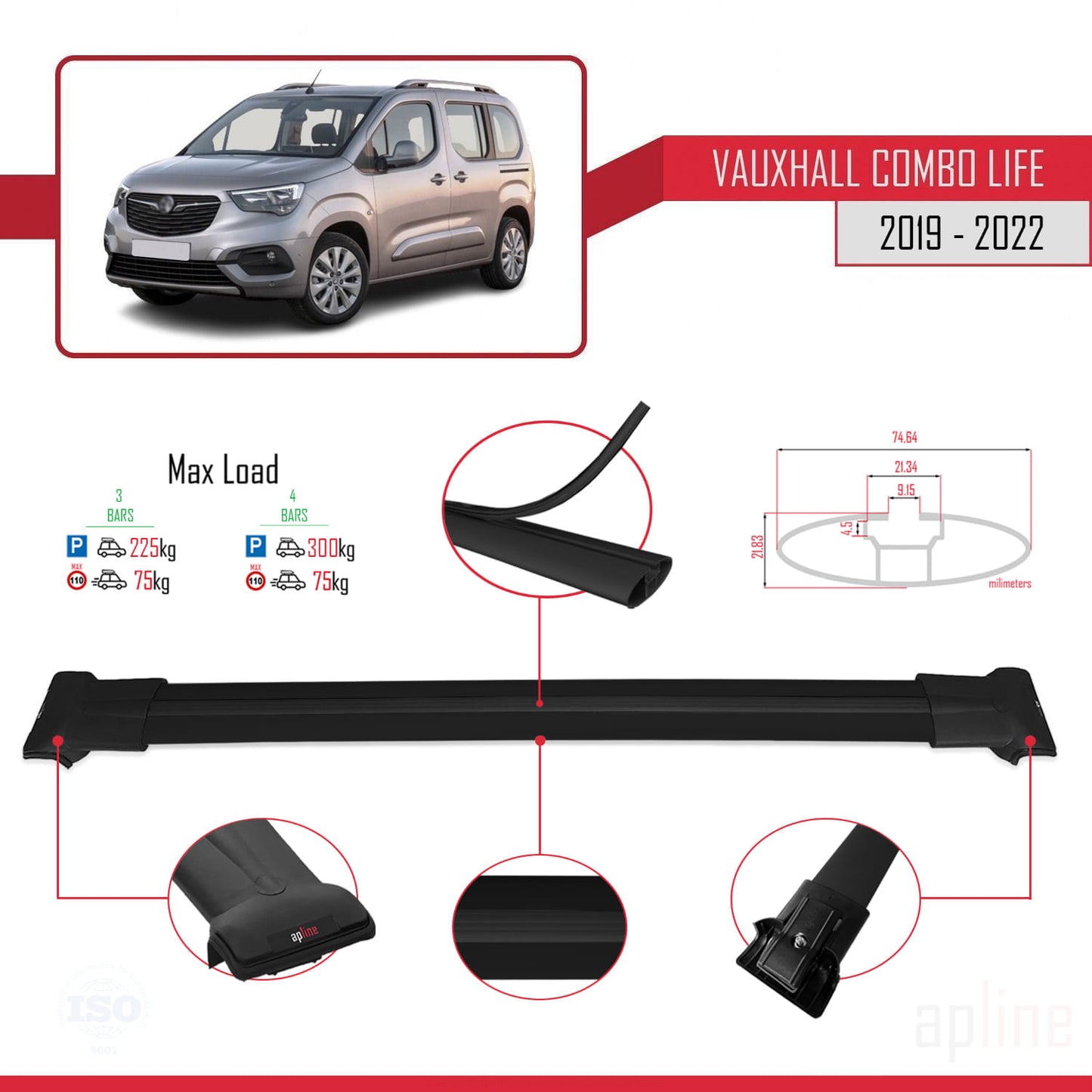 Compatible avec Vauxhall Combo E Life 2019-2022 FLY Model Barres de Toit Railing Porte-Bagages de Voiture Noir Aluminium 3 Barres
