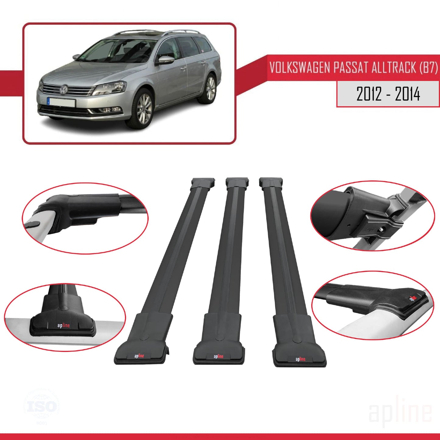 Compatible avec Volkswagen Passat B7 (3C) Alltrack 2012-2014 FLY Model Barres de Toit Railing Porte-Bagages de Voiture Noir Aluminium 3 Barres