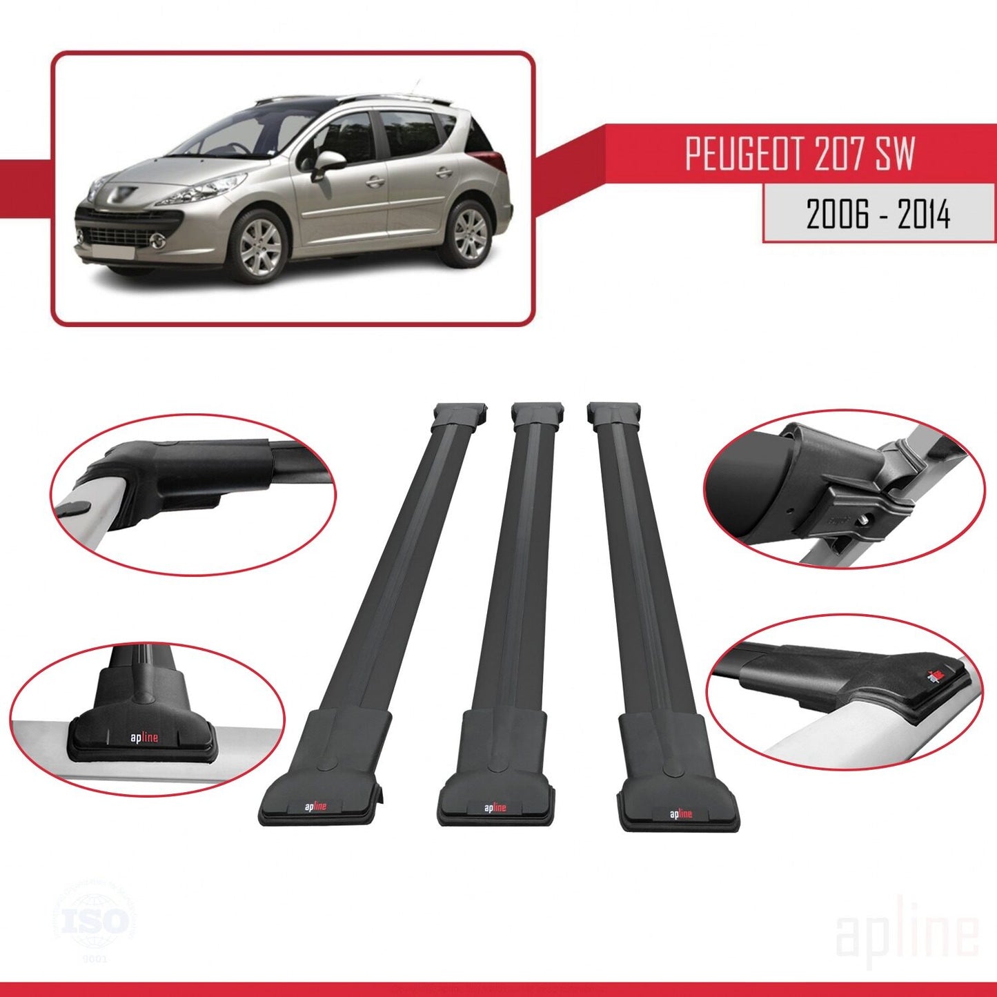 Compatible avec Peugeot 207 Break 2006-2014 FLY Model Barres de Toit Railing Porte-Bagages de Voiture Noir Aluminium 3 Barres