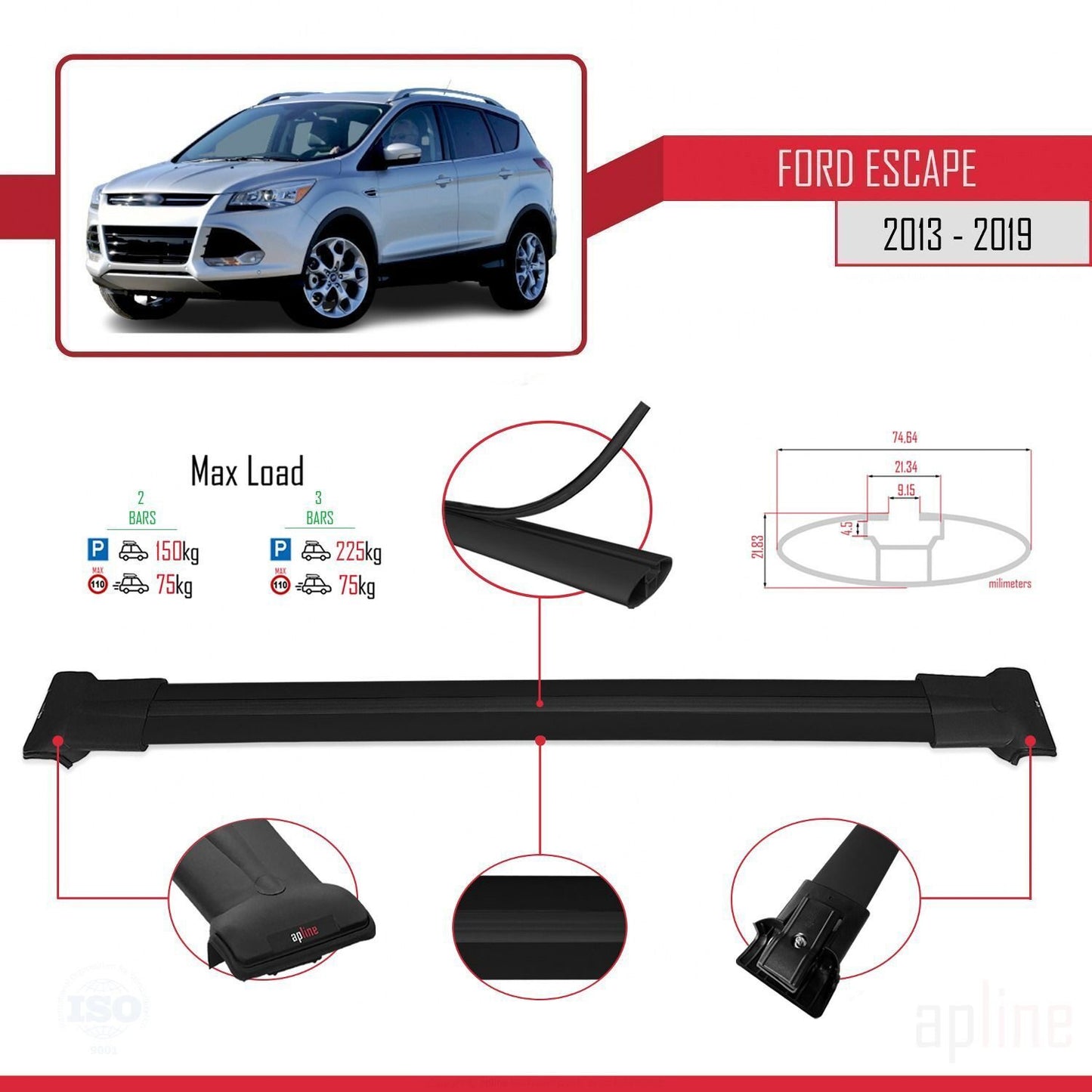 Compatible avec Ford Escape 3 2013-2019 FLY Model Barres de Toit Railing Porte-Bagages de Voiture Noir Aluminium 2 Barres