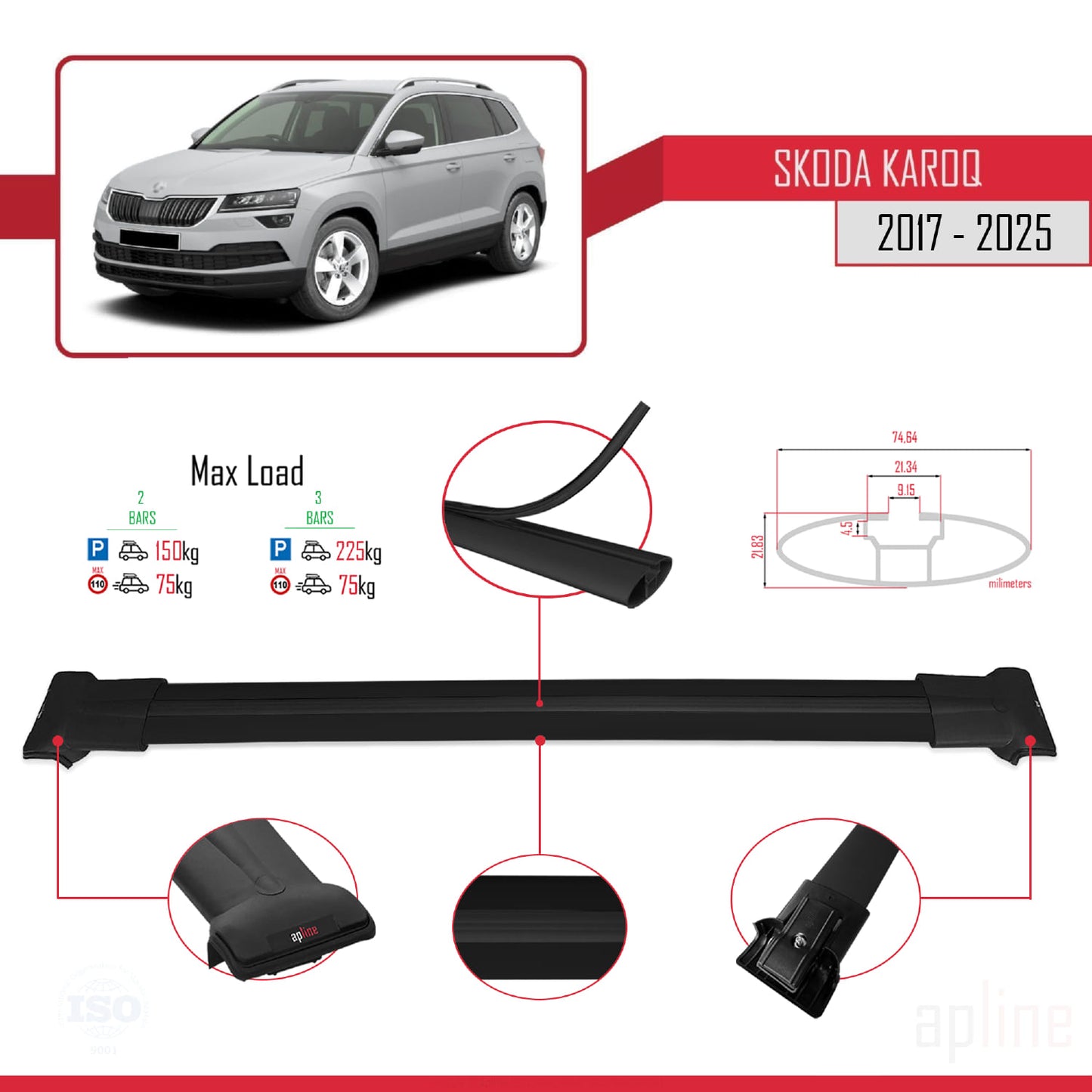 Compatible avec Skoda Karoq 2017-2025 FLY Model Barres de Toit Railing Porte-Bagages de Voiture Noir Aluminium 2 Barres