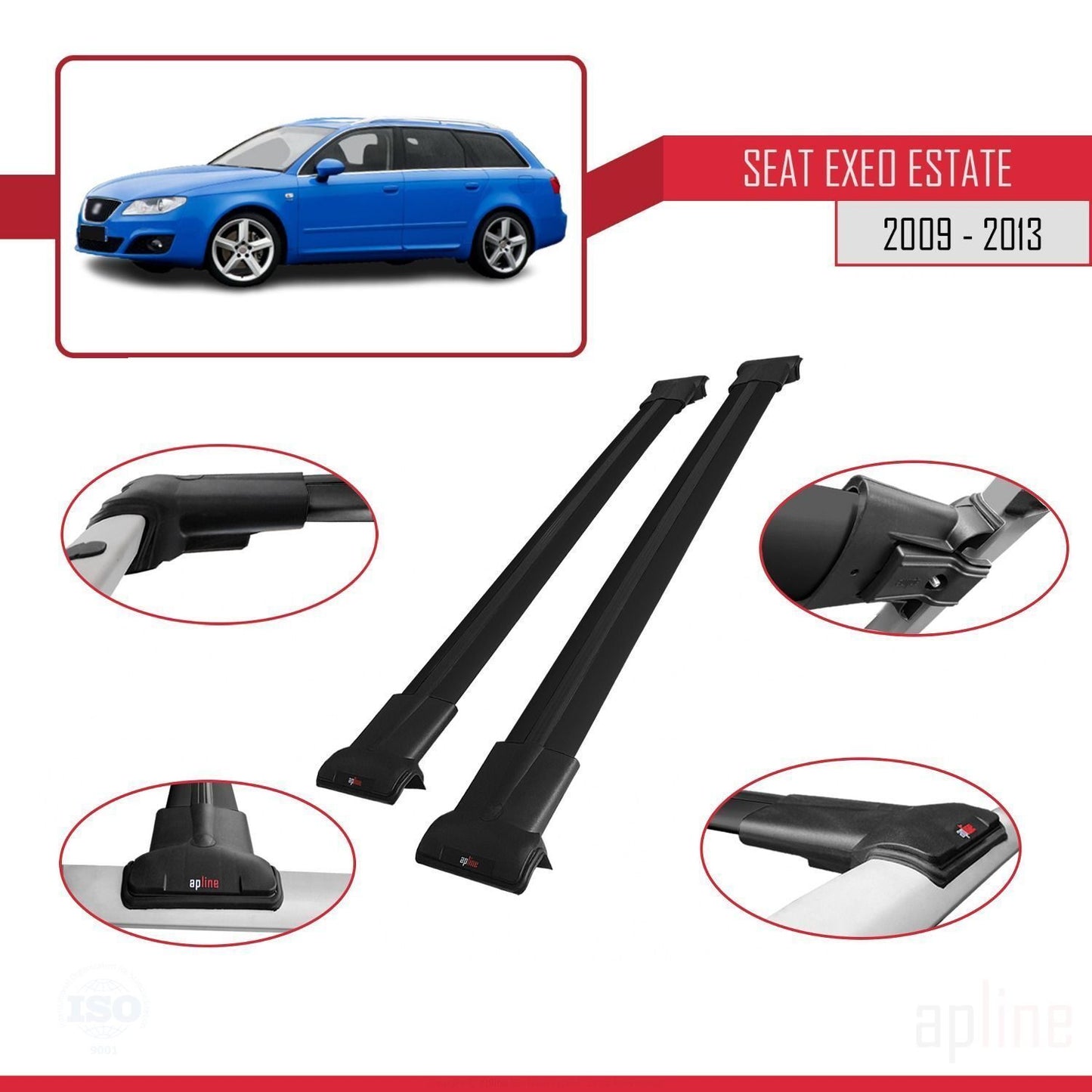 Compatible avec Seat Exeo (3R9) ST 2009-2013 FLY Model Barres de Toit Railing Porte-Bagages de Voiture Noir Aluminium 2 Barres