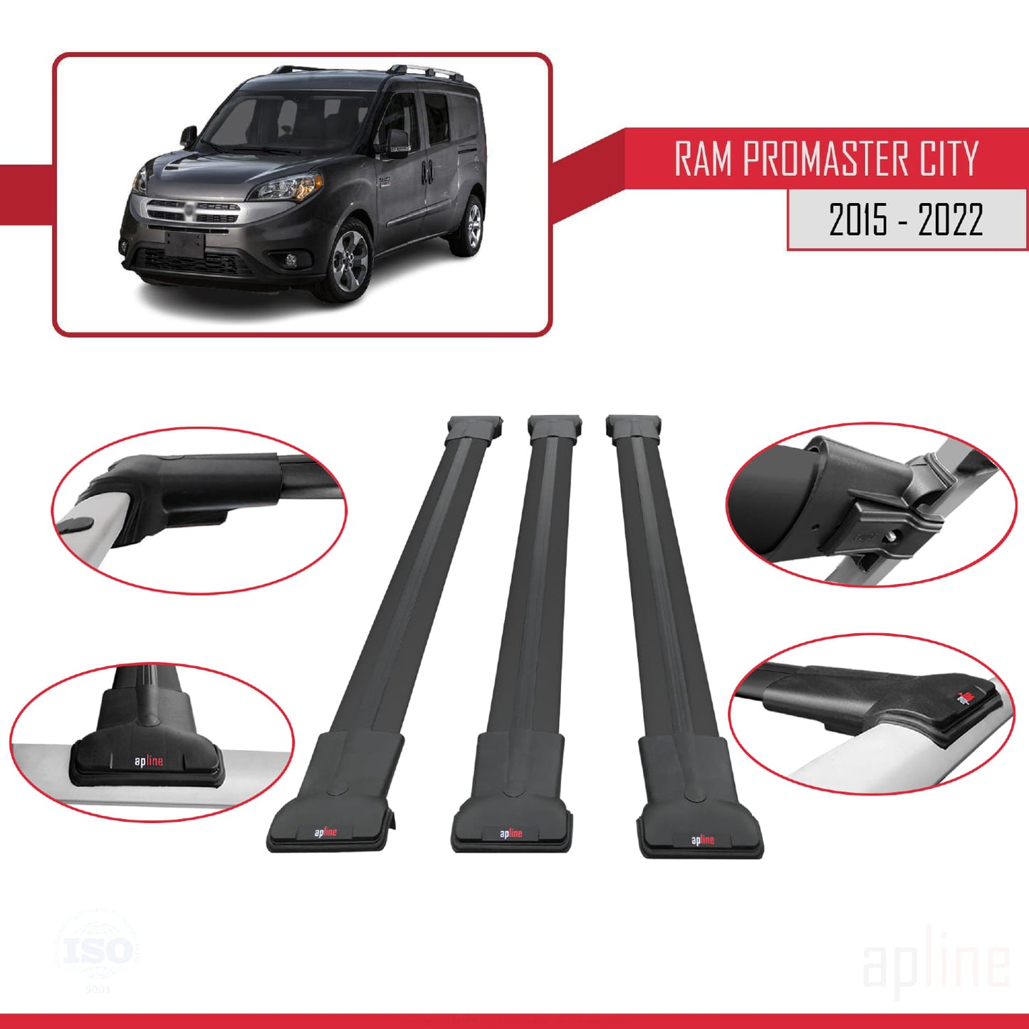 Compatible avec Ram Promaster City (636) 2015-2022 FLY Model Barres de Toit Railing Porte-Bagages de Voiture Noir Aluminium 3 Barres