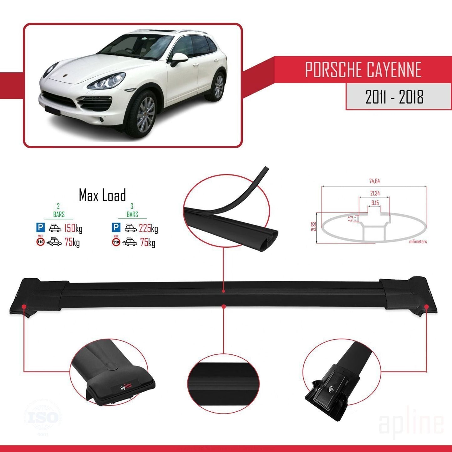 Compatible avec Porsche Cayenne 2 (92A) 2011-2018 FLY Model Barres de Toit Railing Porte-Bagages de Voiture Noir Aluminium 2 Barres