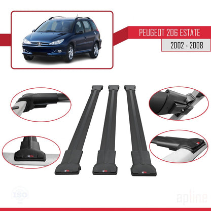 Compatible avec Peugeot 206 Break 2002-2008 FLY Model Barres de Toit Railing Porte-Bagages de Voiture Noir Aluminium 3 Barres