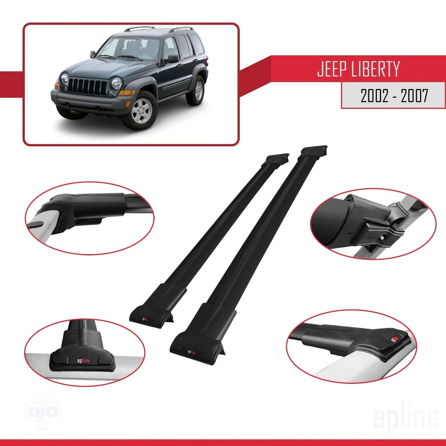 Compatible avec Jeep Liberty 2002-2007 FLY Model Barres de Toit Railing Porte-Bagages de Voiture Noir Aluminium 2 Barres