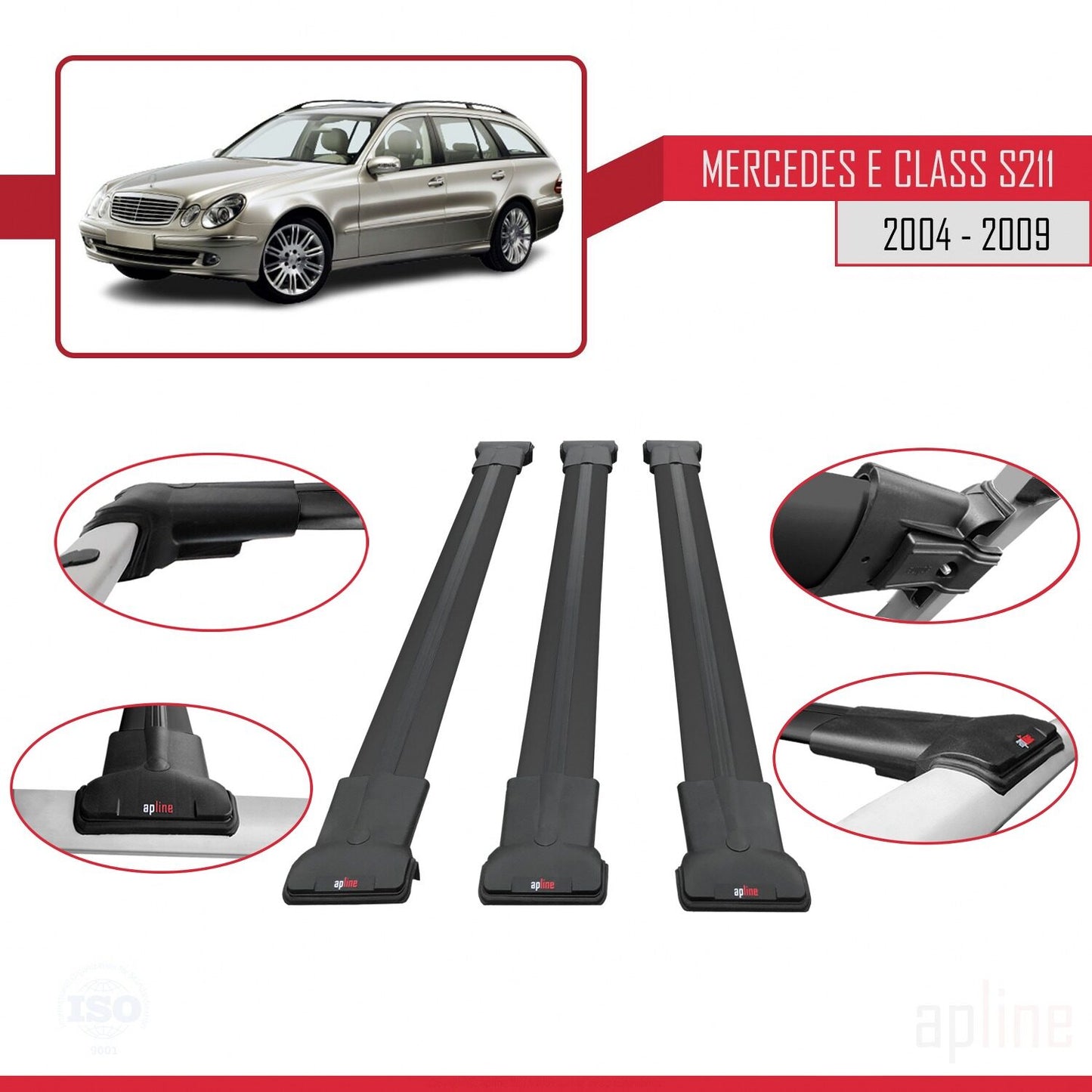 Compatible avec Mercedes Classe E 3 (S211) 2004-2009 FLY Model Barres de Toit Railing Porte-Bagages de Voiture Noir Aluminium 3 Barres