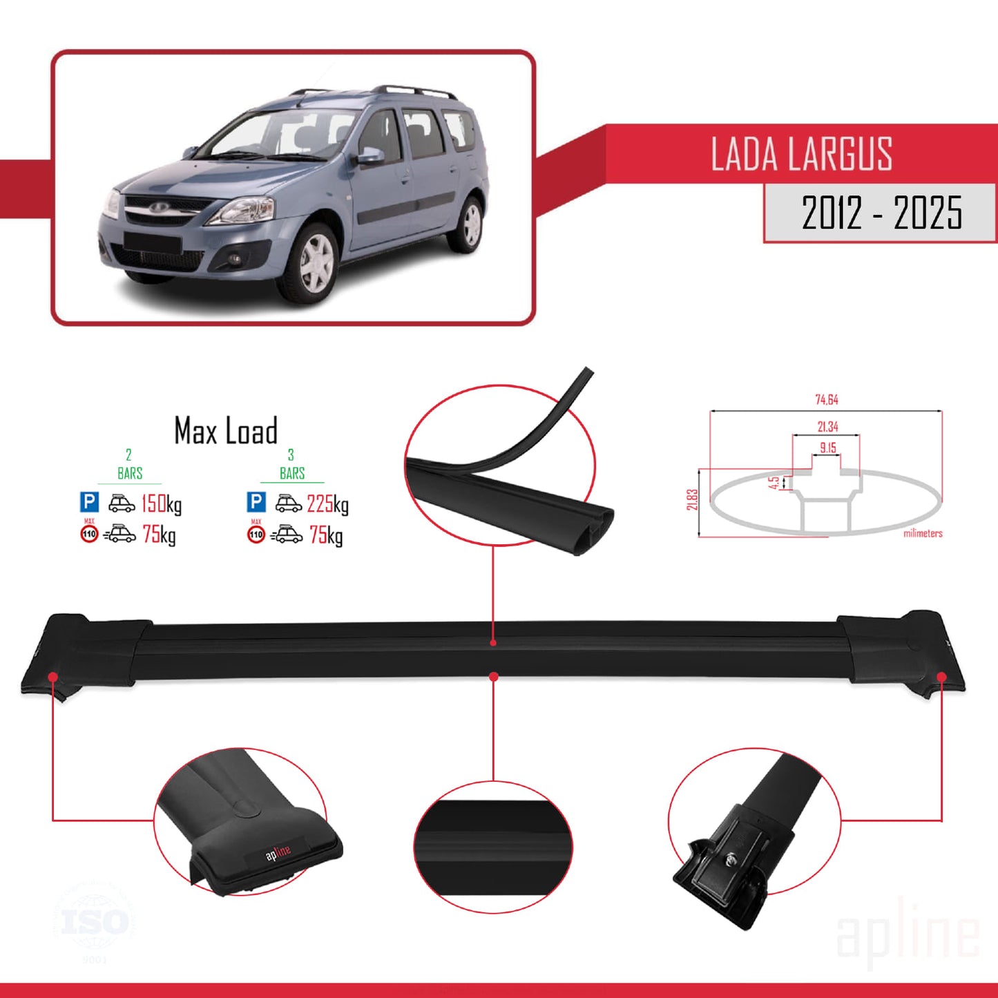 Compatible avec Lada Largus 2012-2025 FLY Model Barres de Toit Railing Porte-Bagages de Voiture Noir Aluminium 2 Barres