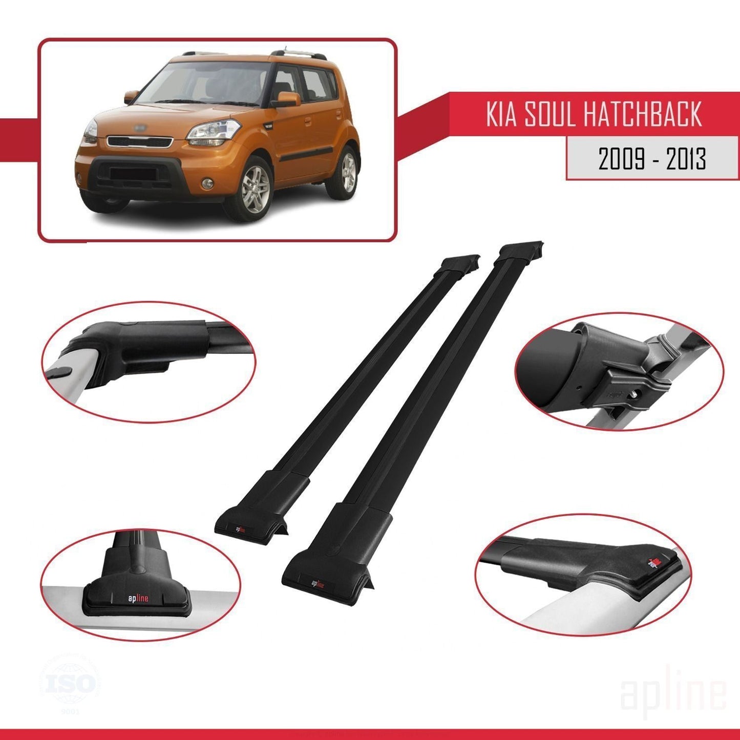 Compatible with Kia Soul (AM) HB 2009-2013 FLY Model Car Roof Rack Cross Bar Black Aluminium 2 Bars