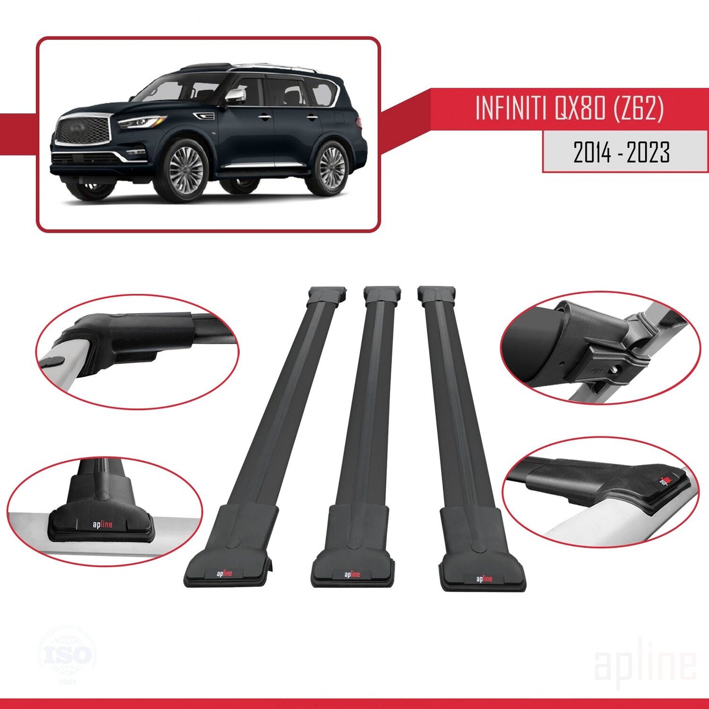 Compatible avec Infiniti QX80 (Z62) 2014-2023 FLY Model Barres de Toit Railing Porte-Bagages de Voiture Noir Aluminium 3 Barres