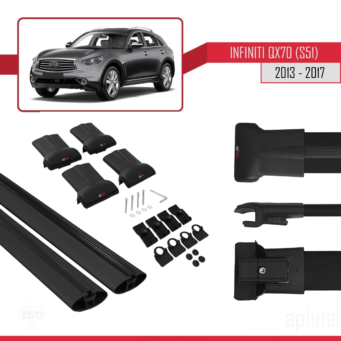 Compatible avec Infiniti QX70 (S51) 2013-2017 FLY Model Barres de Toit Railing Porte-Bagages de Voiture Noir Aluminium 2 Barres