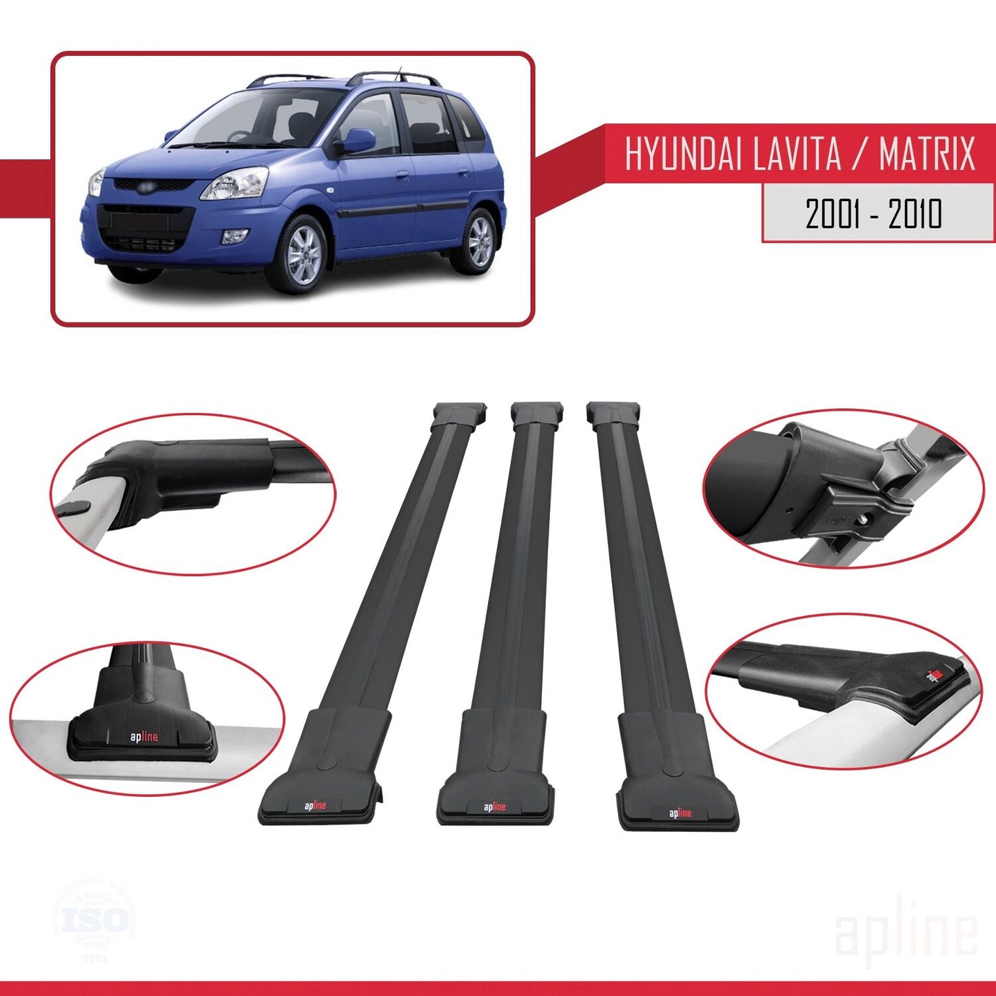 Compatible with Hyundai Matrix (FC) 2001-2010 FLY Model Car Roof Rack Cross Bar Black Aluminium 3 Bars