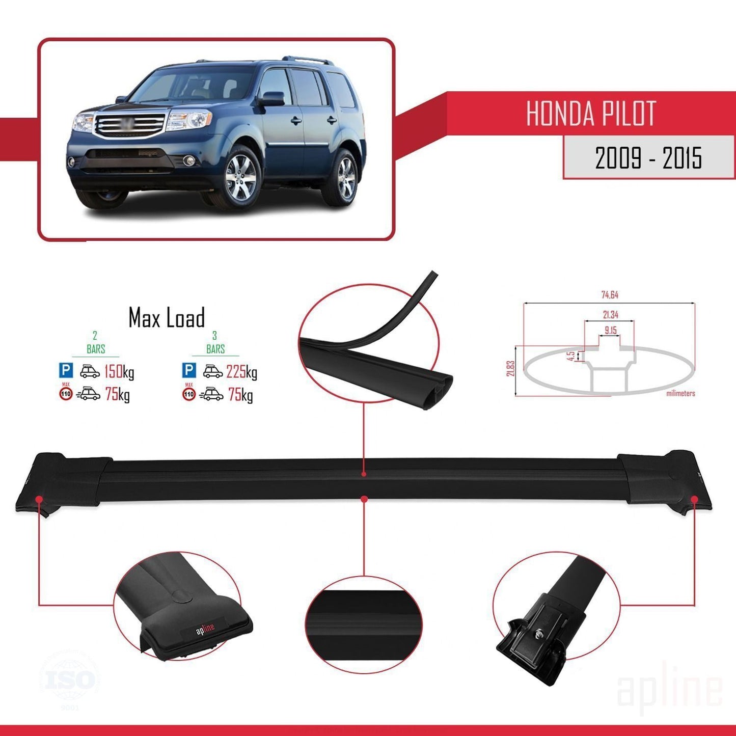 Compatible avec Honda Pilot 2 2009-2015 FLY Model Barres de Toit Railing Porte-Bagages de Voiture Noir Aluminium 2 Barres