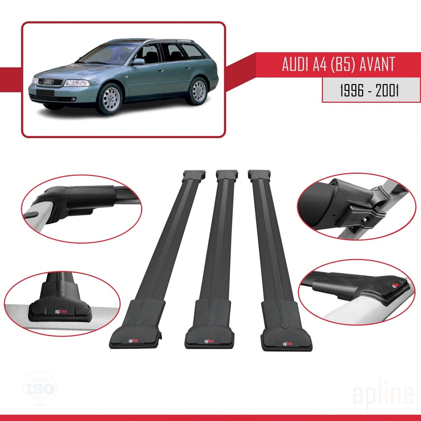 Compatible avec A4 (B5) Avant 1996-2001 FLY Model Barres de Toit Railing Porte-Bagages de Voiture Noir Aluminium 3 Barres