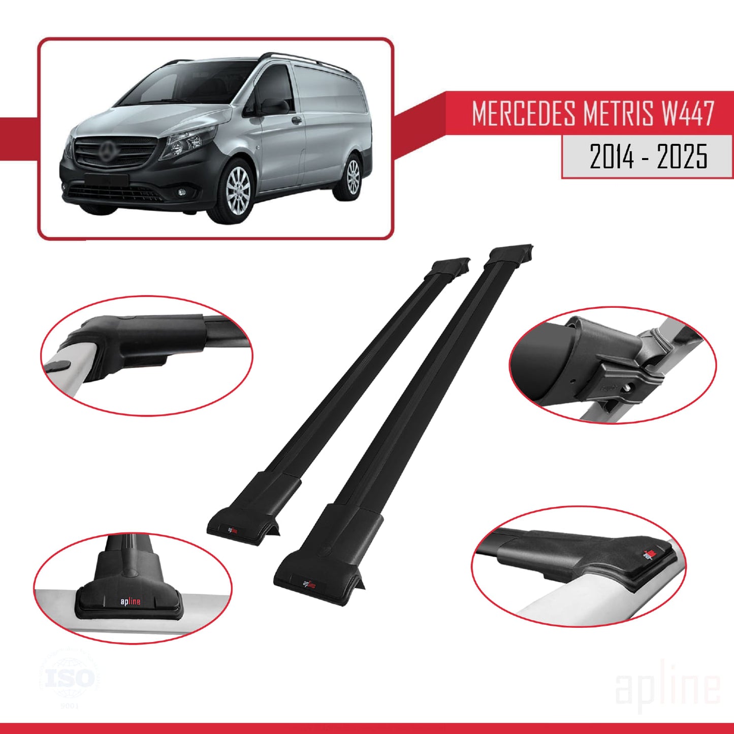 Compatible with Mercedes Metris (W447) 2014-2025 FLY Model Car Roof Rack Cross Bar Black Aluminium 2 Bars