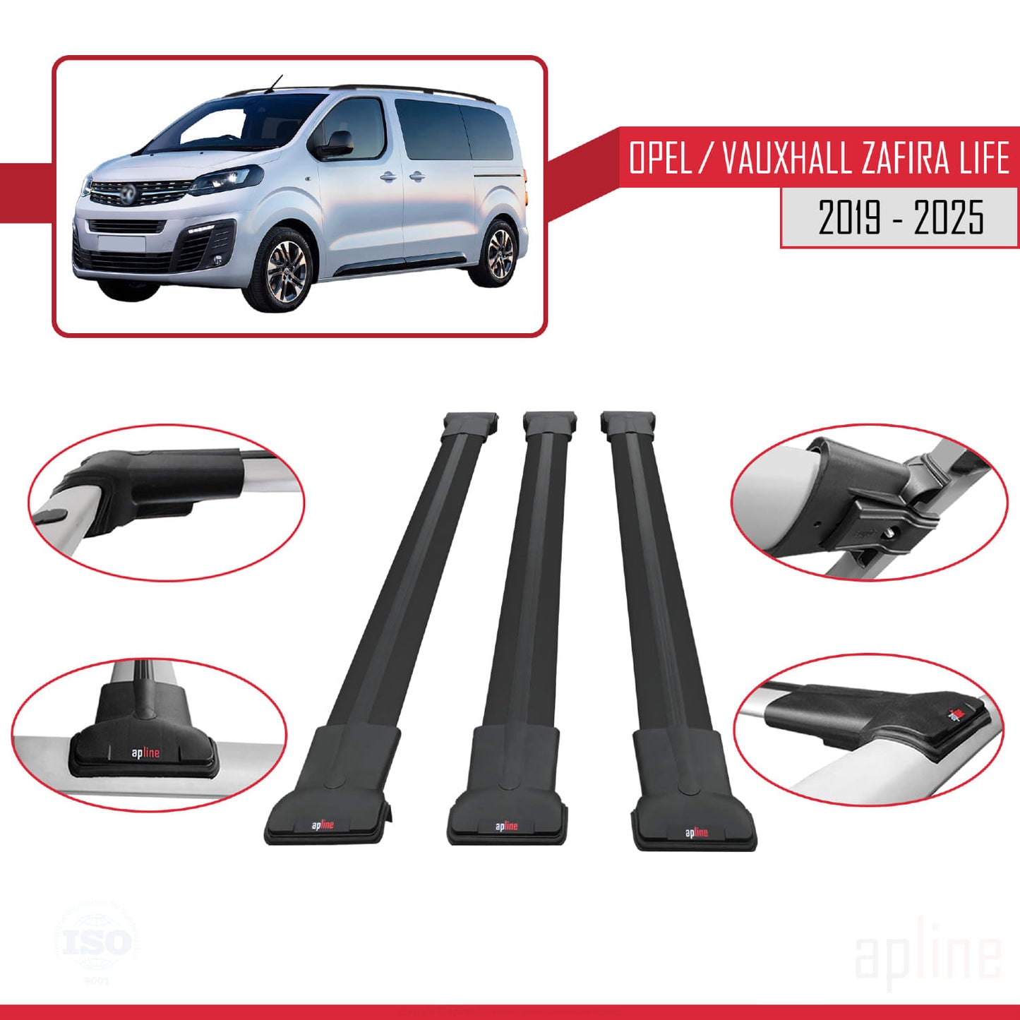 Compatible avec Opel Zafira Life 2019-2025 FLY Model Barres de Toit Railing Porte-Bagages de Voiture Noir Aluminium 3 Barres