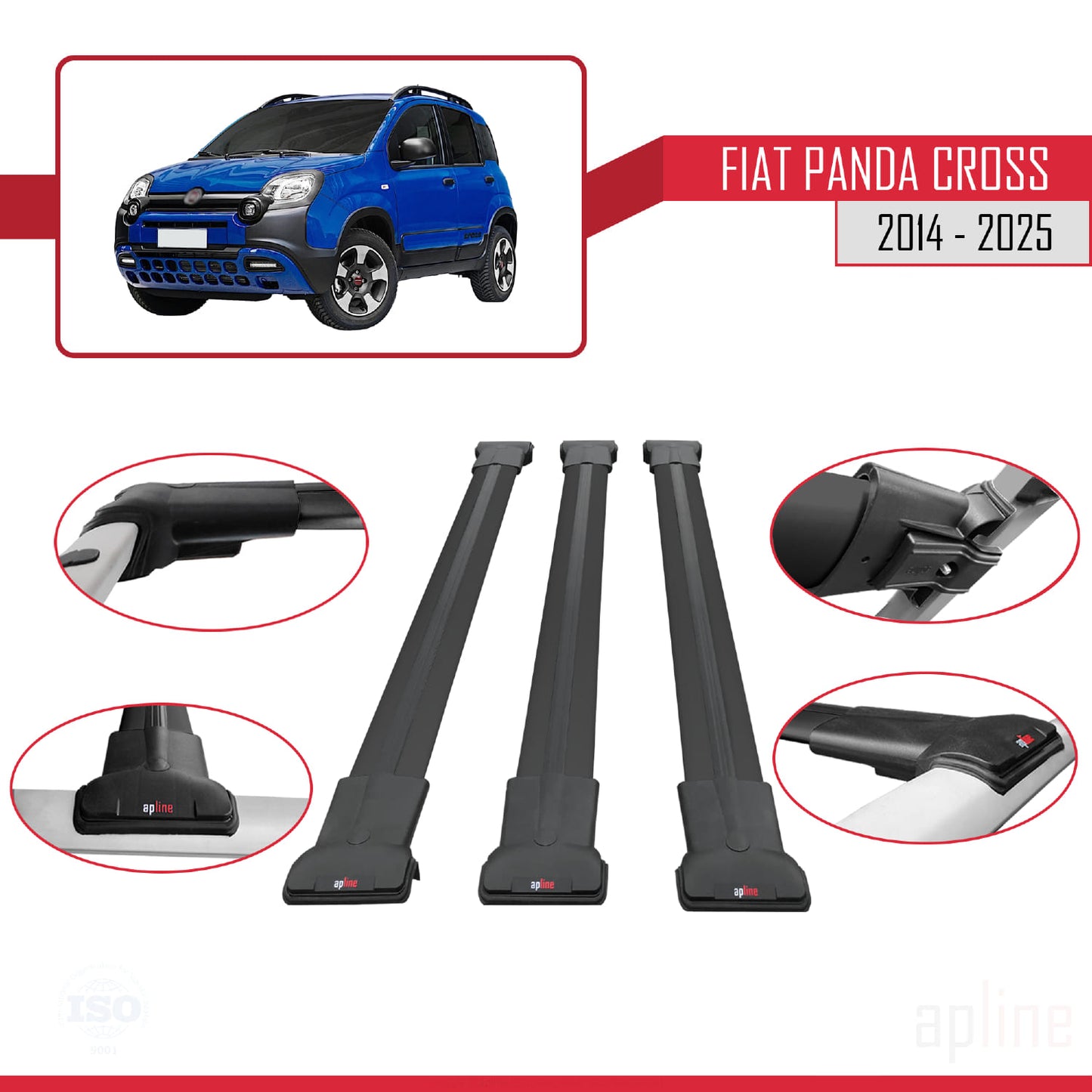 Compatible avec Fiat Panda Cross 2014-2025 FLY Model Barres de Toit Railing Porte-Bagages de Voiture Noir Aluminium 3 Barres
