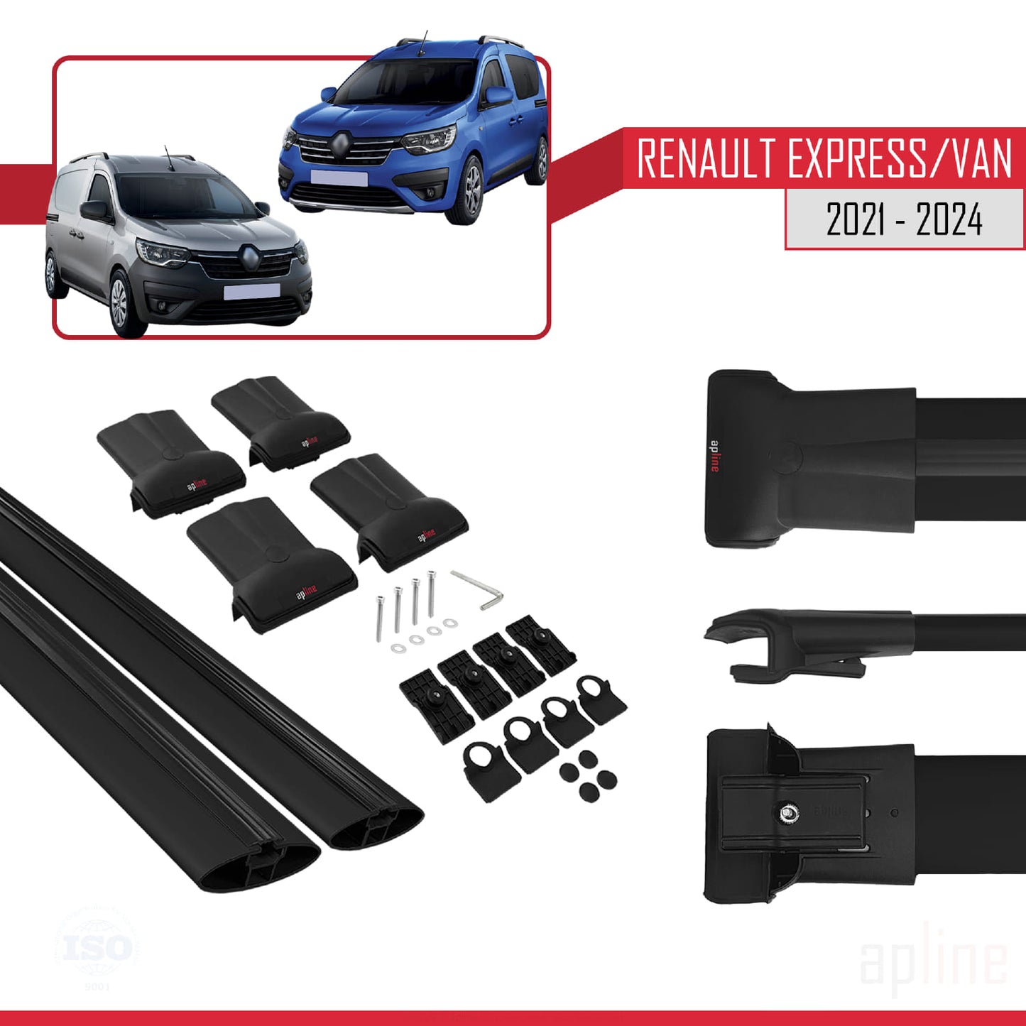 Compatible avec Renault Express 2021-2025 FLY Model Barres de Toit Railing Porte-Bagages de Voiture Noir Aluminium 2 Barres