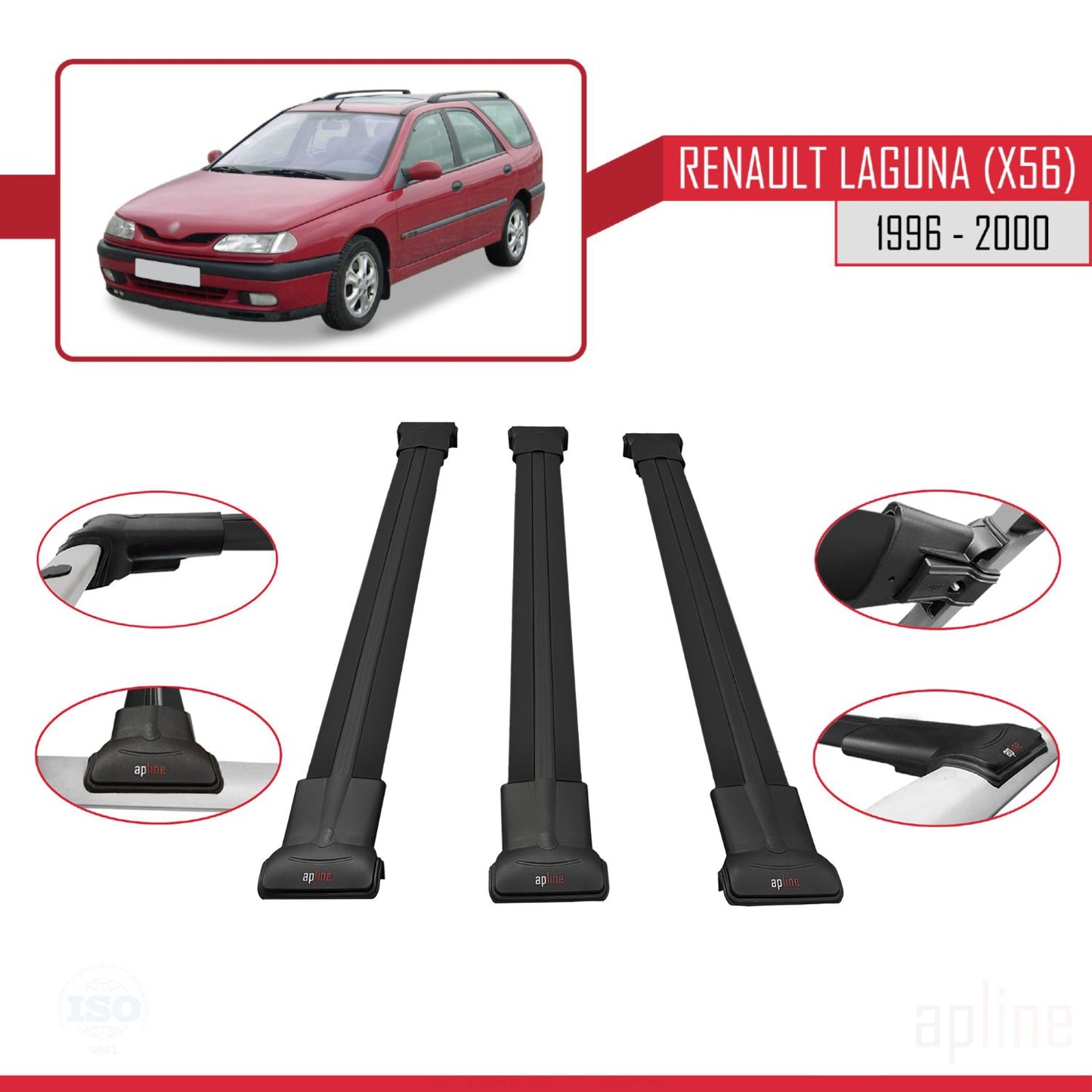 Compatible avec Renault Laguna (X56) 1996-200 FLY Model Barres de Toit Railing Porte-Bagages de Voiture Noir Aluminium 3 Barres
