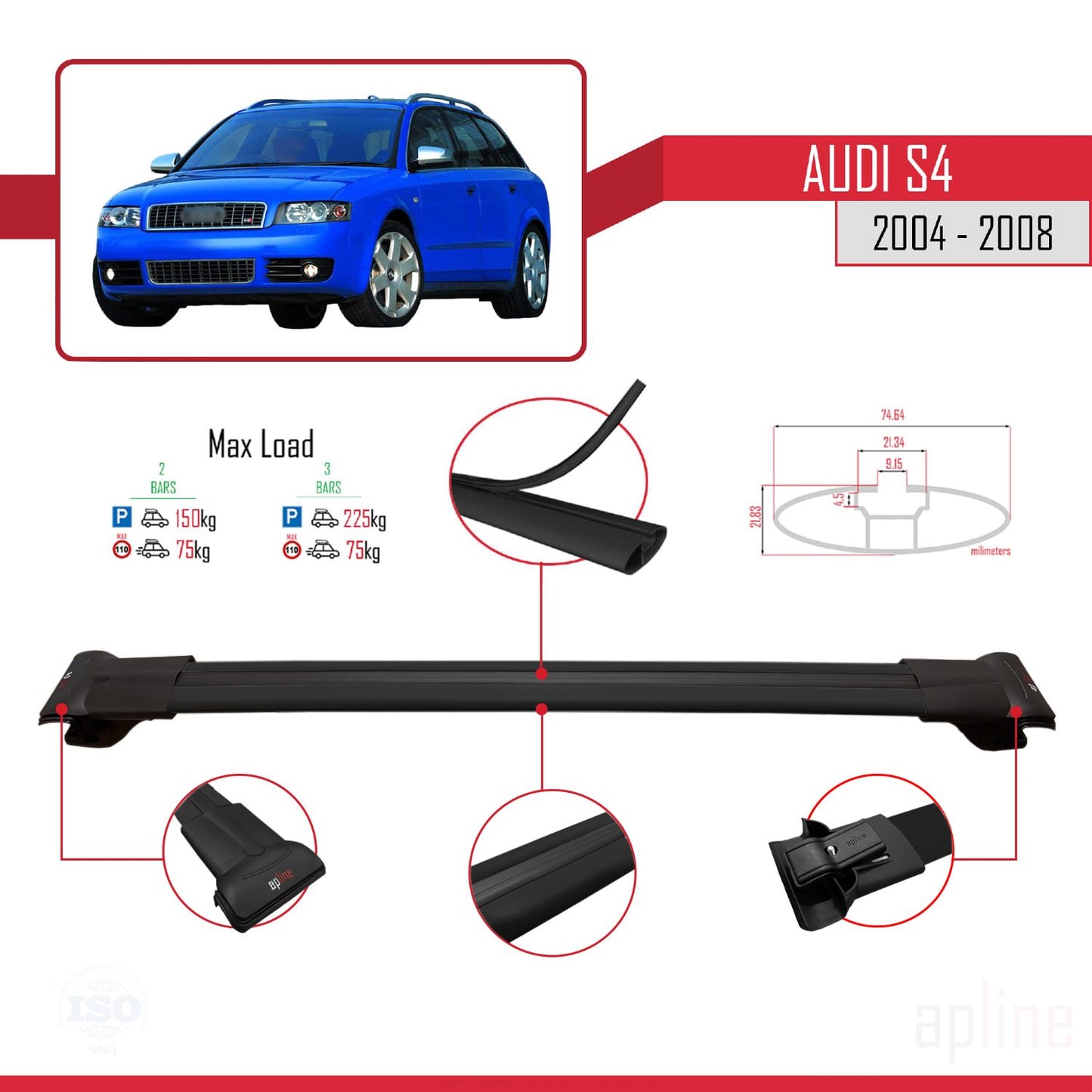 Compatible avec Audi S4 2004-2008 FLY Model Barres de Toit Railing Porte-Bagages de Voiture Noir Aluminium 2 Barres