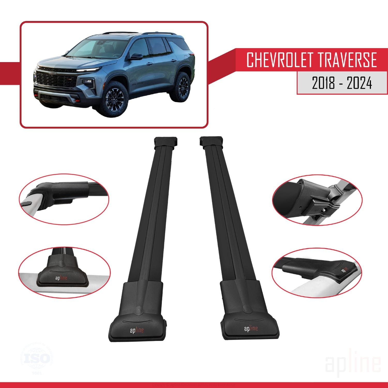 Compatible avec Chevrolet Traverse 2018-2024 FLY Model Barres de Toit Railing Porte-Bagages de Voiture Noir Aluminium 2 Barres