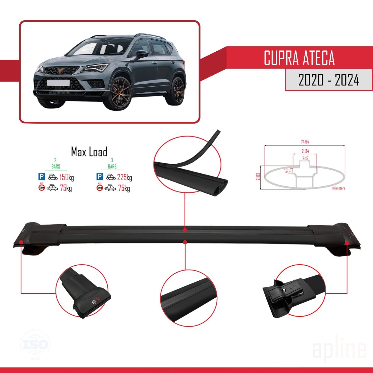 Compatible avec Cupra Ateca 2020-2024 FLY Model Barres de Toit Railing Porte-Bagages de Voiture Noir Aluminium 3 Barres