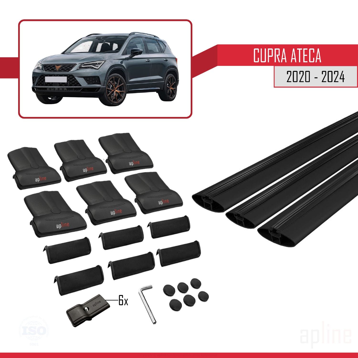Compatible avec Cupra Ateca 2020-2024 FLY Model Barres de Toit Railing Porte-Bagages de Voiture Noir Aluminium 3 Barres