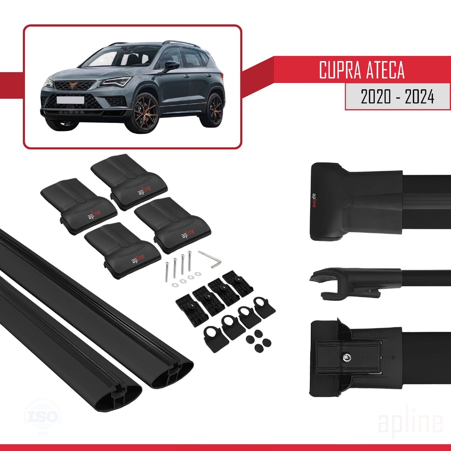 Compatible avec Cupra Ateca 2020-2024 FLY Model Barres de Toit Railing Porte-Bagages de Voiture Noir Aluminium 2 Barres
