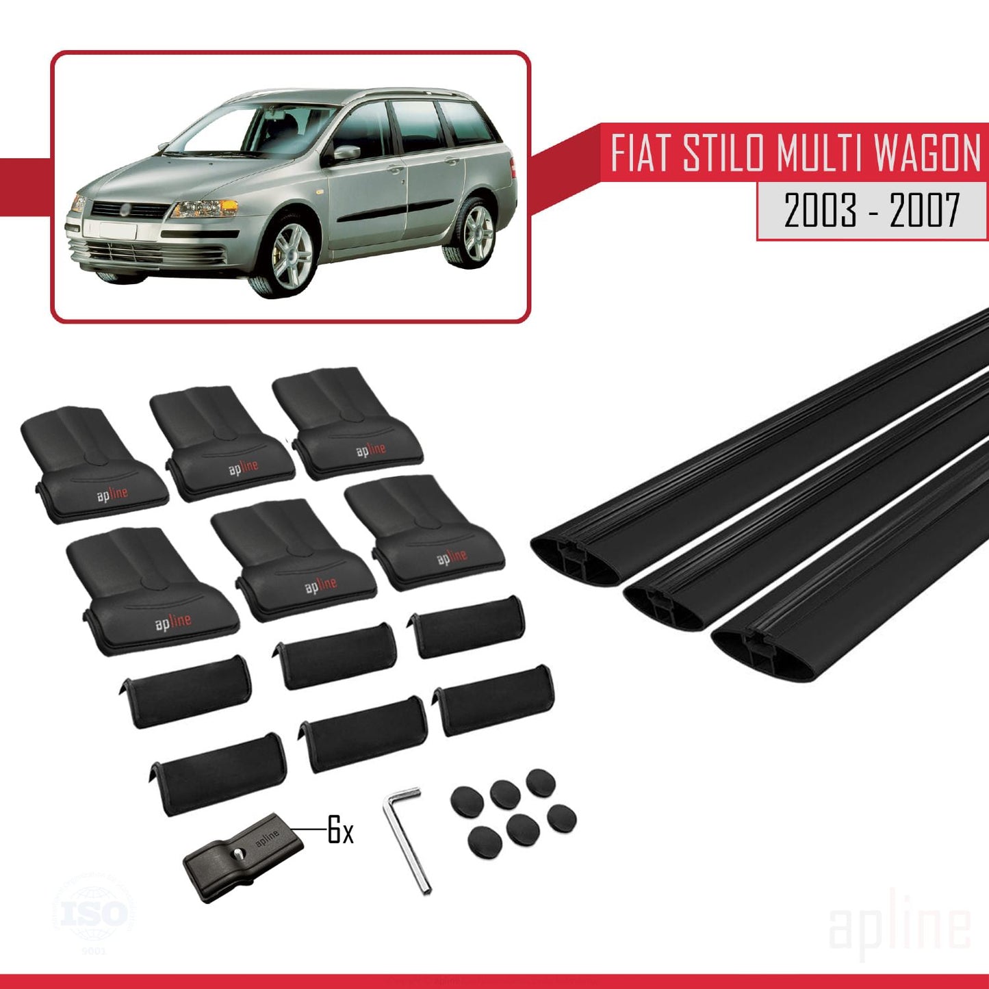 Compatible avec Fiat Stilo Multi Wagon 2003-2007 FLY Model Barres de Toit Railing Porte-Bagages de Voiture Noir Aluminium 3 Barres