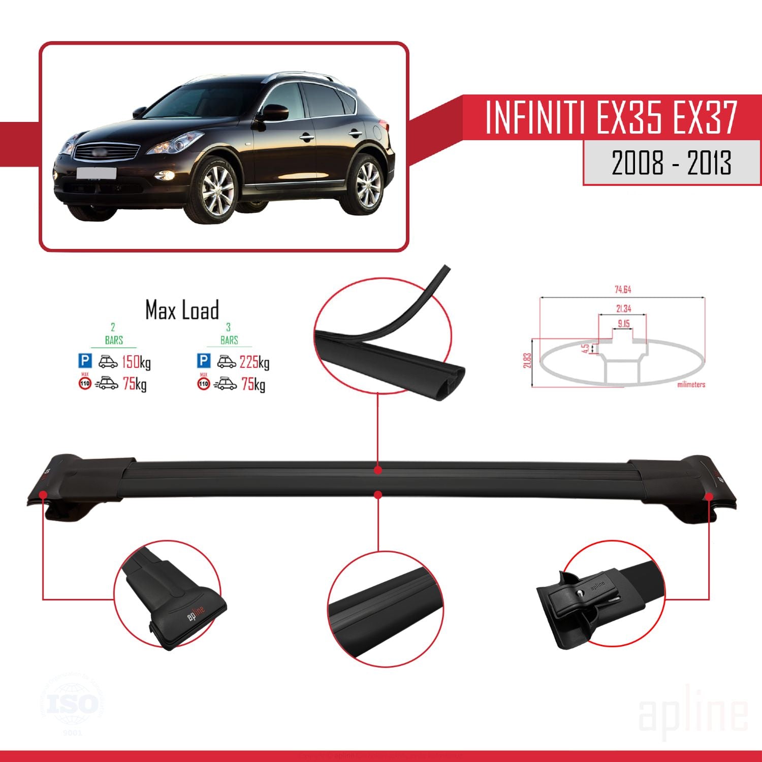 Compatible avec Infiniti EX35 EX37 2008-2013 FLY Model Barres de Toit Railing Porte-Bagages de Voiture Noir Aluminium 2 Barres