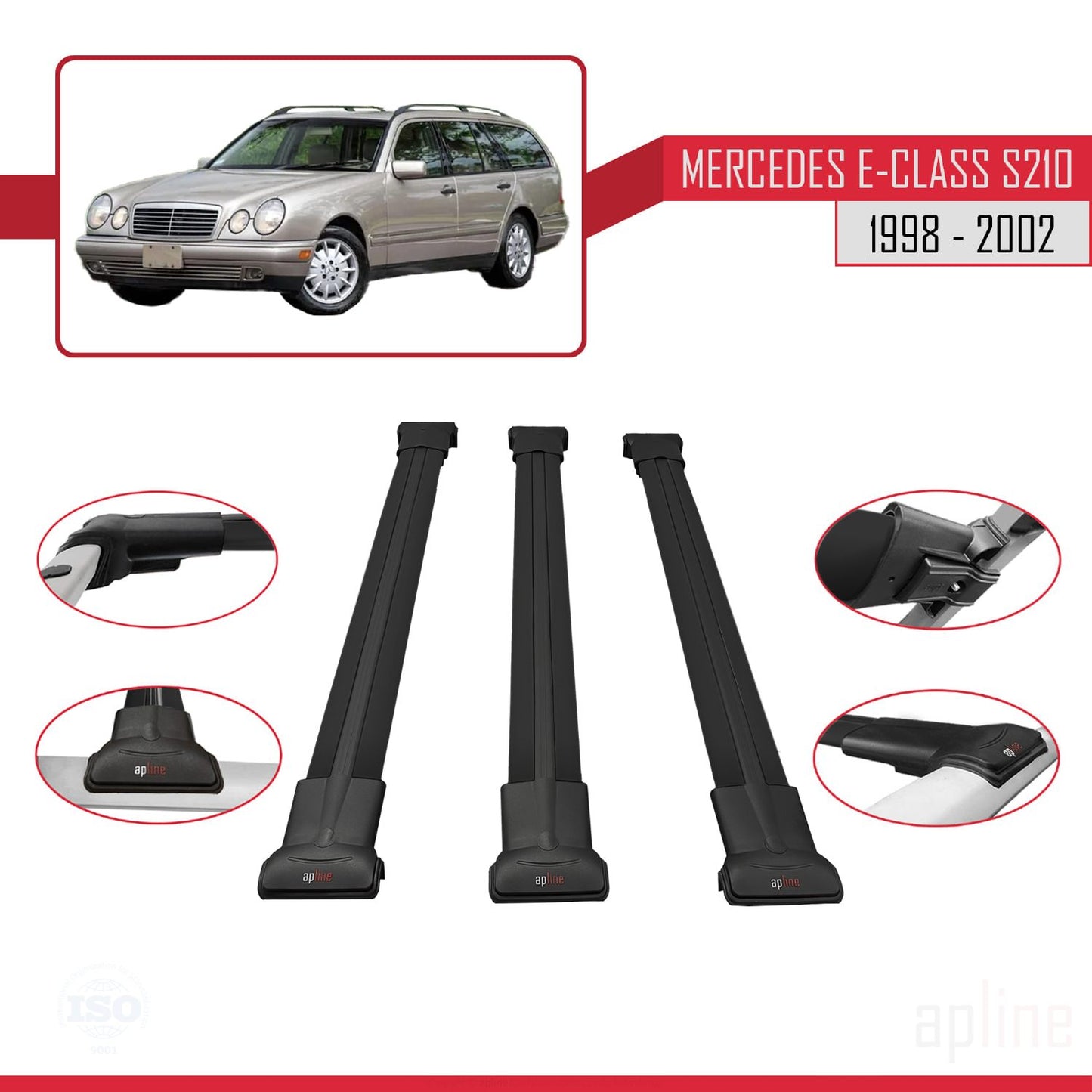 Compatible avec Mercedes E Class S210 Wagon 1998-2002 FLY Model Barres de Toit Railing Porte-Bagages de Voiture Noir Aluminium 3 Barres