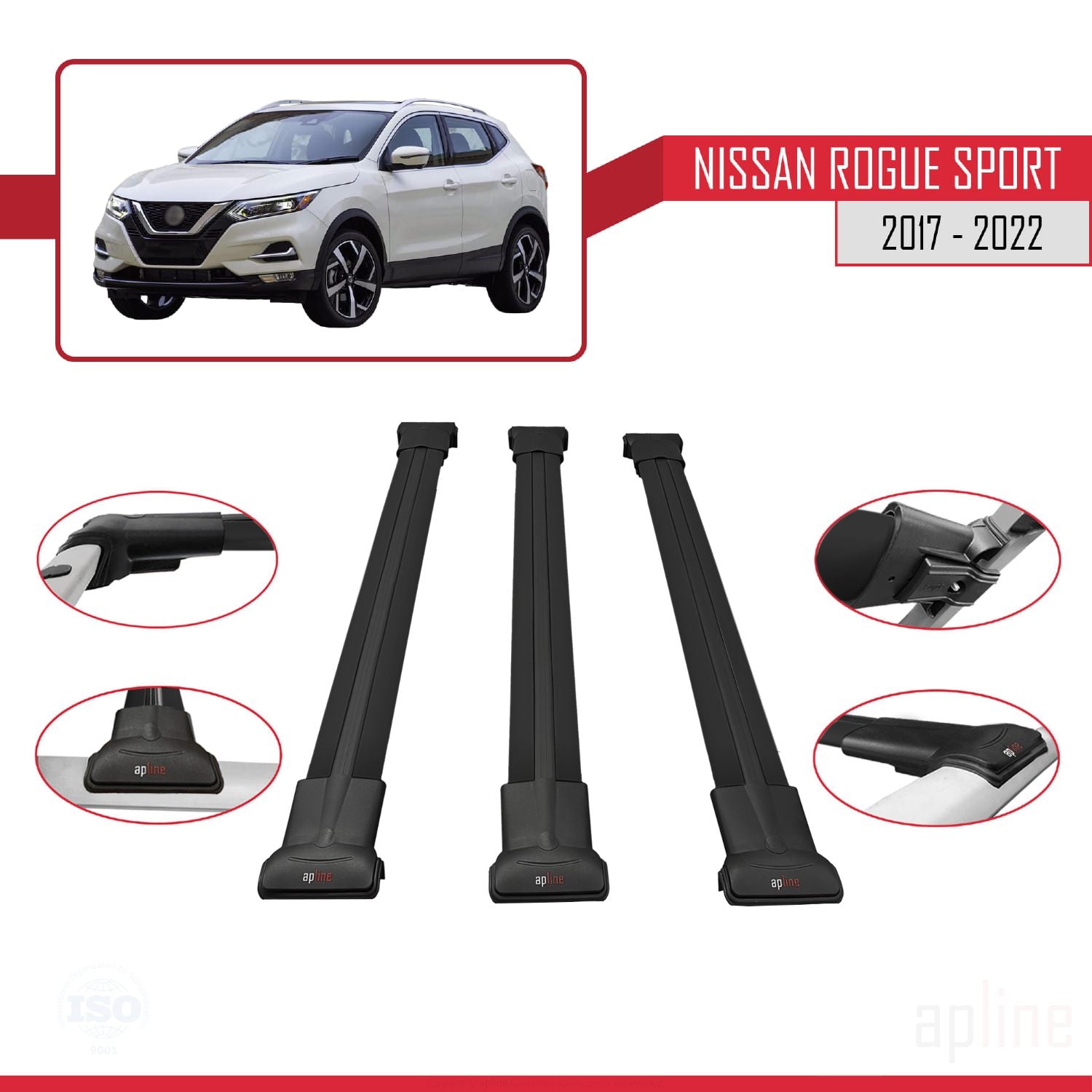 Compatible avec Nissan Rogue Sport 2017-2022 FLY Model Barres de Toit Railing Porte-Bagages de Voiture Noir Aluminium 3 Barres