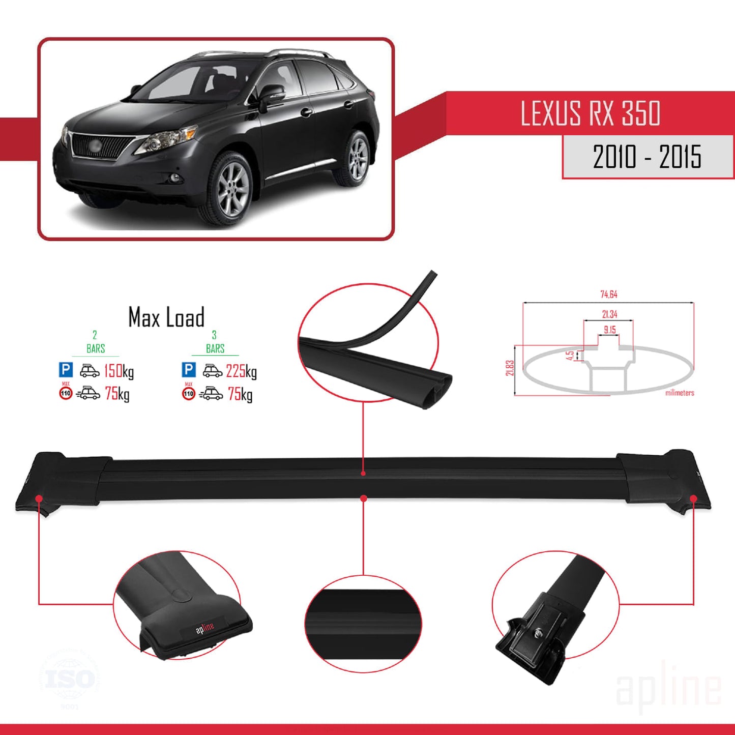 Compatible avec Lexus RX 3 (AL10) 2010-2015 FLY Model Barres de Toit Railing Porte-Bagages de Voiture Noir Aluminium 2 Barres