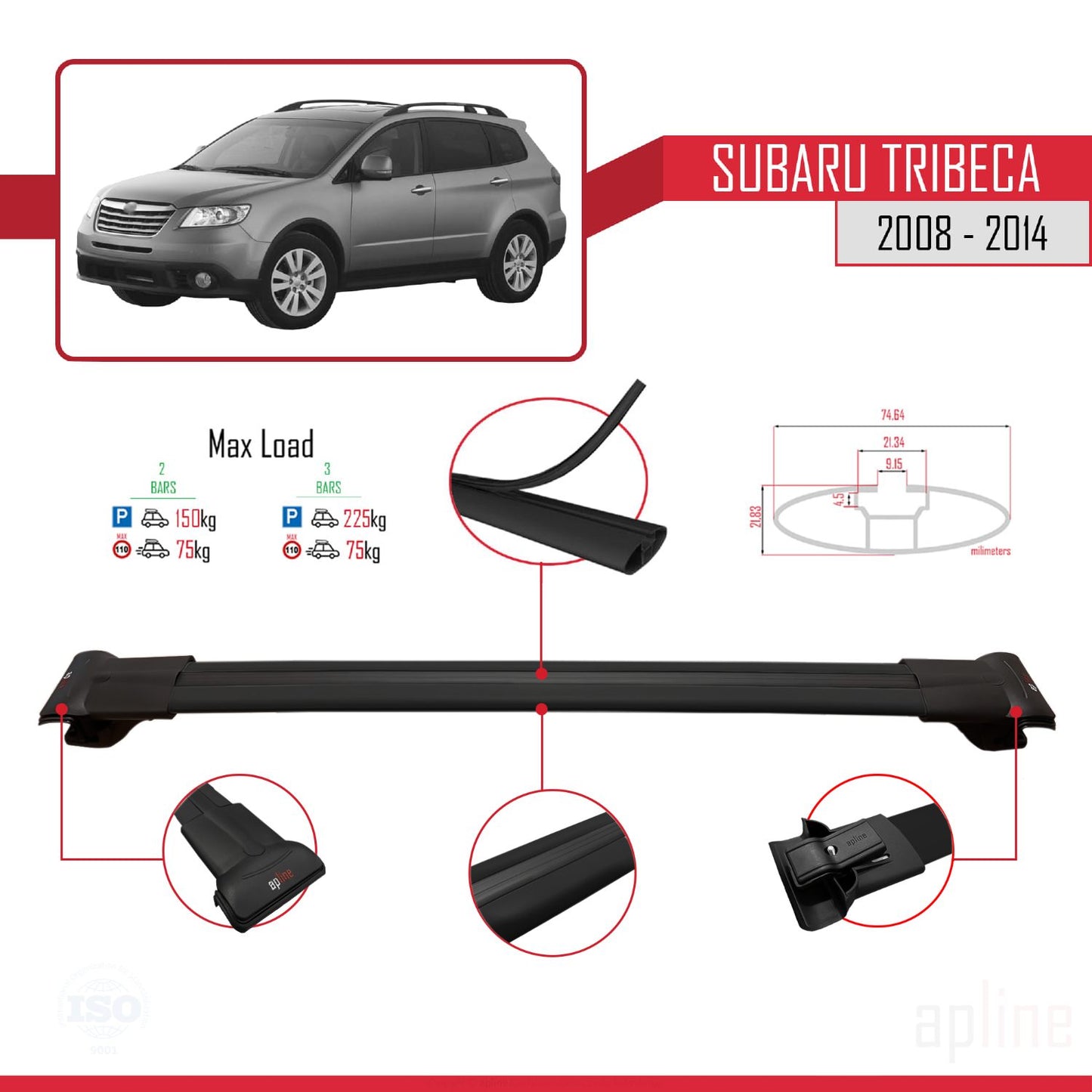 Compatible avec Subaru Tribeca 2008-2014 FLY Model Barres de Toit Railing Porte-Bagages de Voiture Noir Aluminium 3 Barres