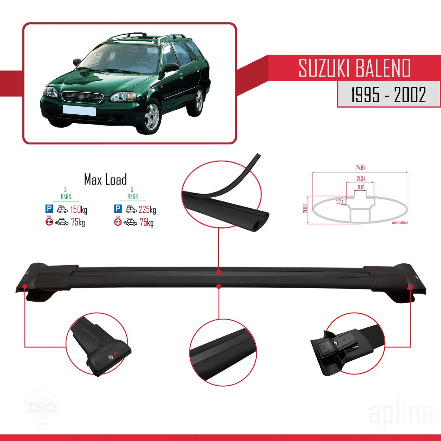 Compatible avec Suzuki Baleno 1995-2002 FLY Model Barres de Toit Railing Porte-Bagages de Voiture Noir Aluminium 2 Barres